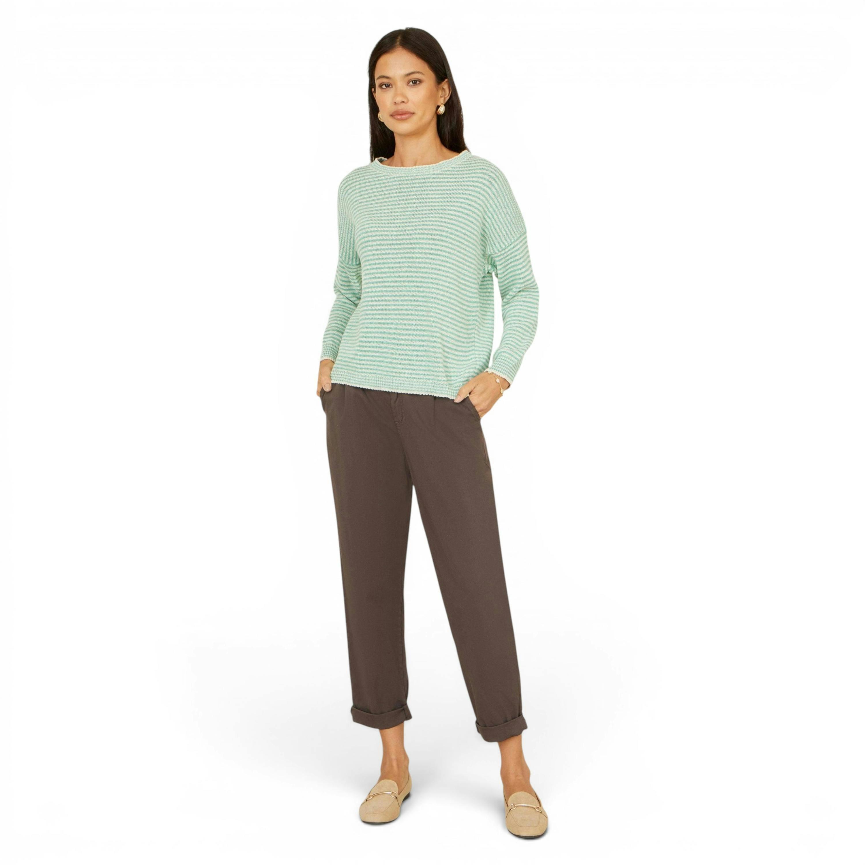 Yumi Sea Green Knitted Stripe Relaxed Jumper , view 2 of 6