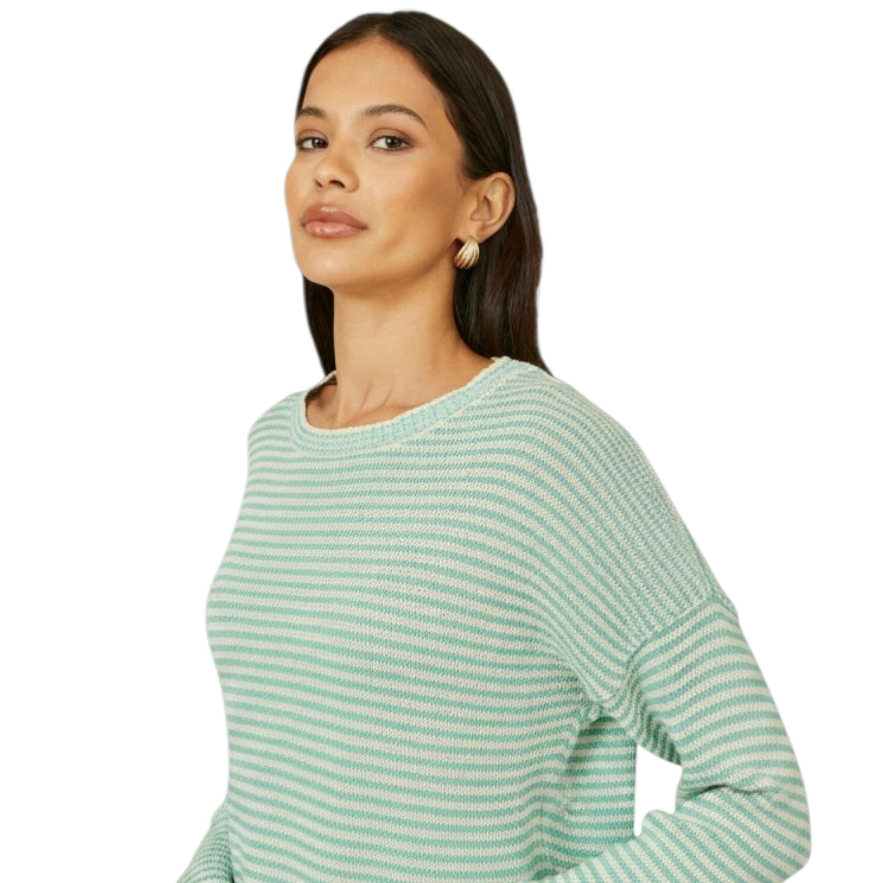 Yumi Sea Green Knitted Stripe Relaxed Jumper , view 3 of 6