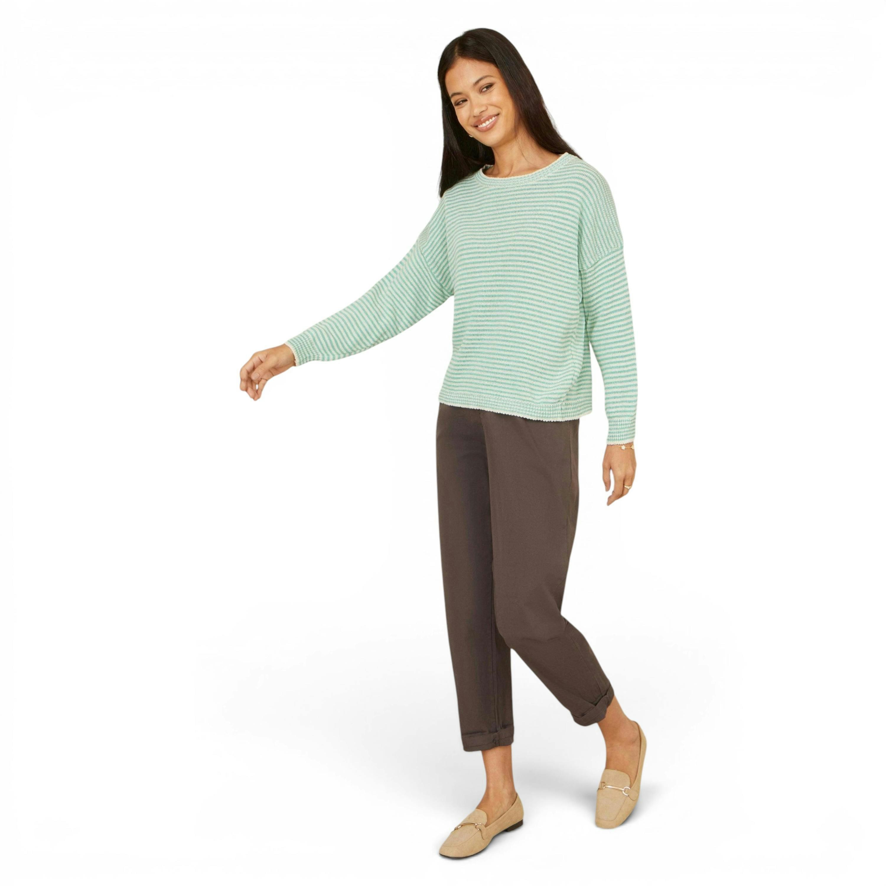 Yumi Sea Green Knitted Stripe Relaxed Jumper , view 5 of 6
