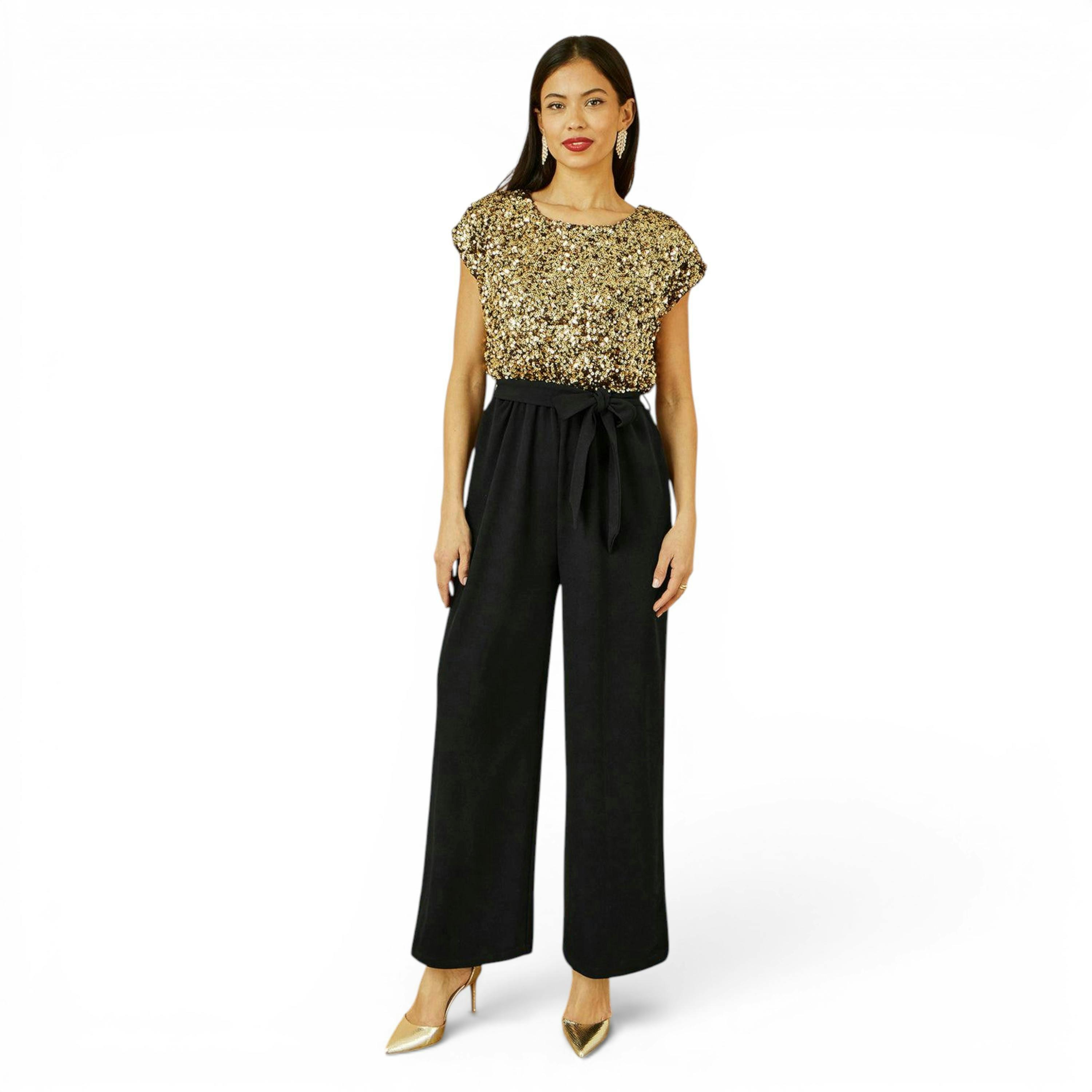 Yumi Gold Sequin Top Stretch Jumpsuit , view 1 of 6