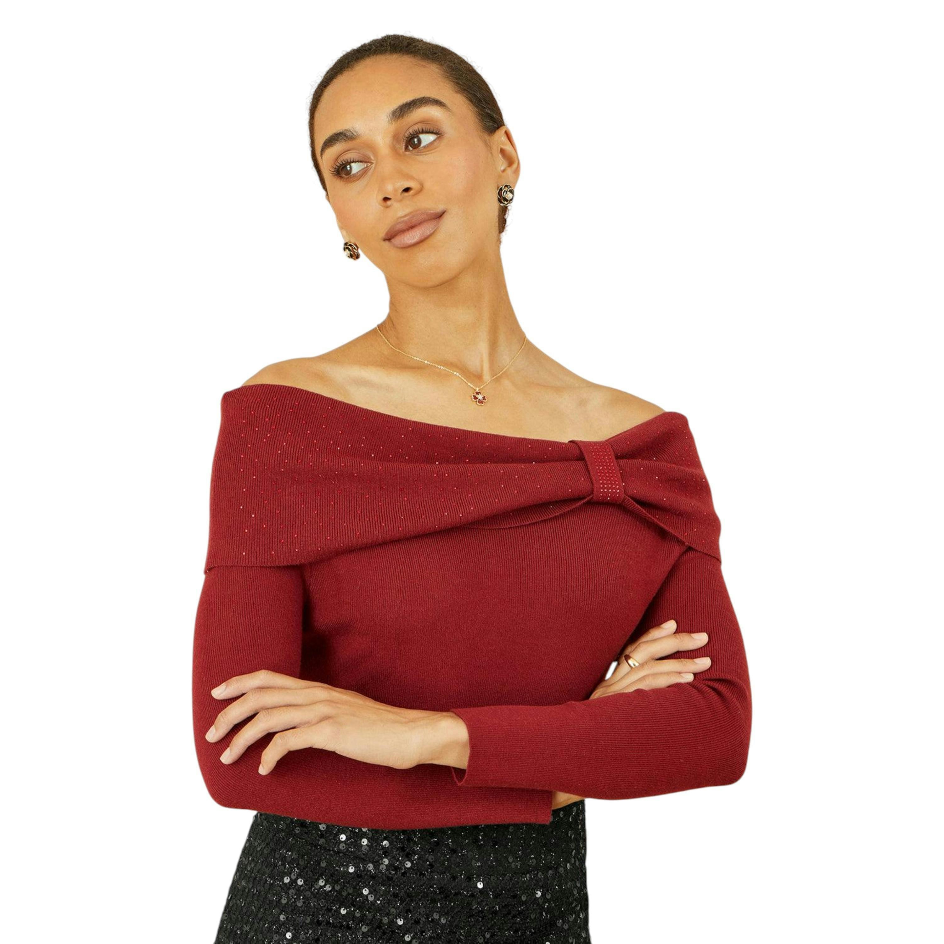 Yumi Burgundy Sparkle Bardot Jumper With Diamante Detail , view 1 of 5