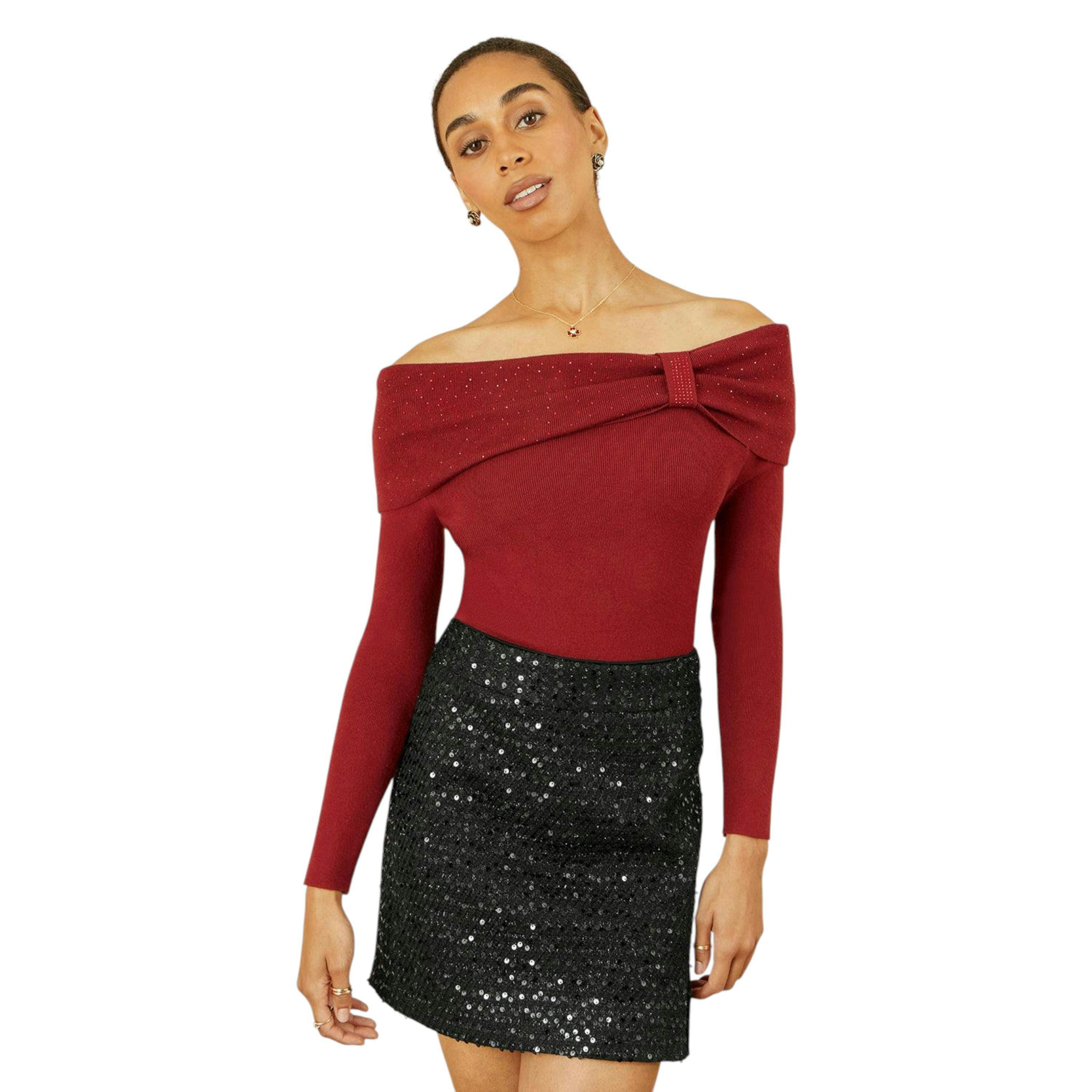Yumi Burgundy Sparkle Bardot Jumper With Diamante Detail , view 2 of 5