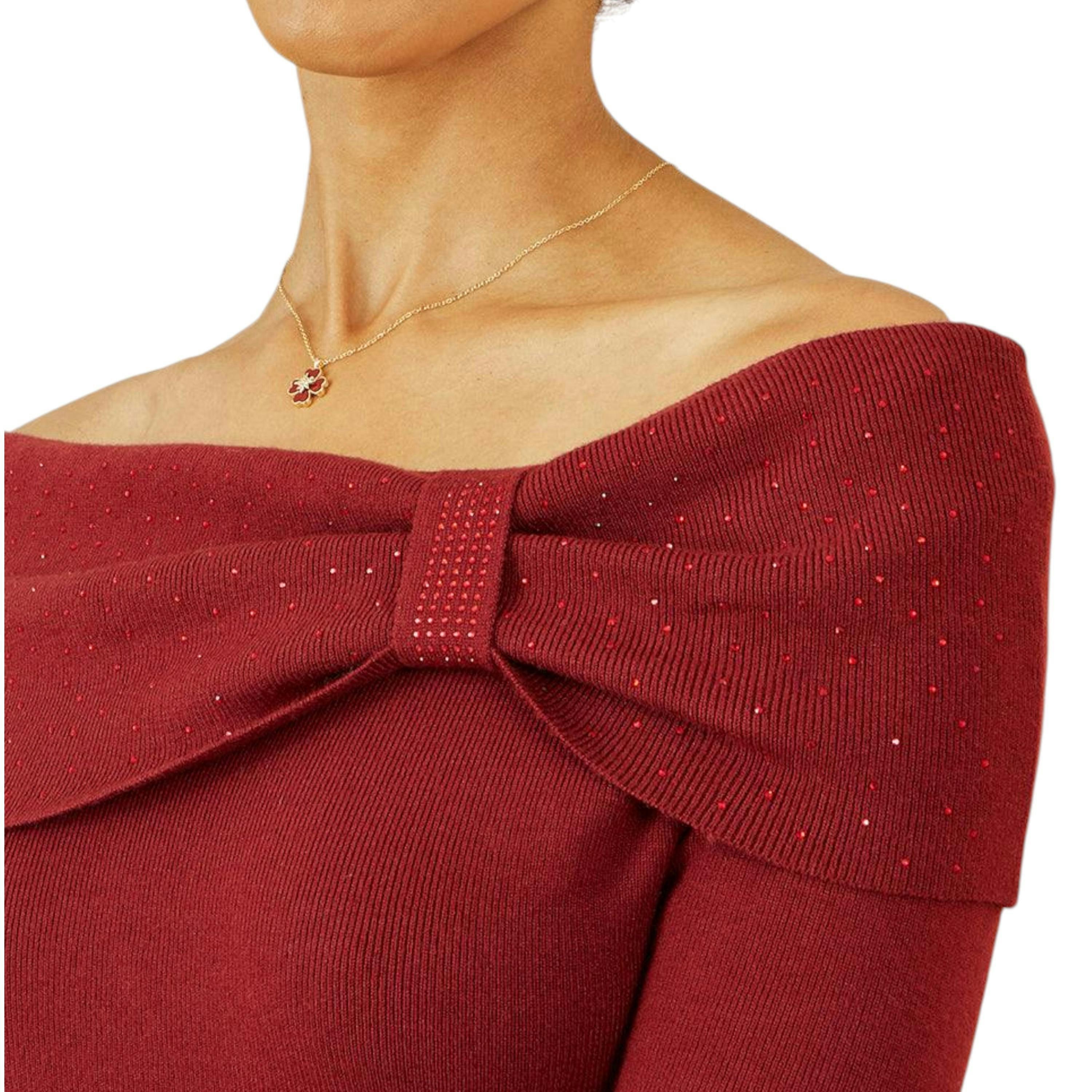 Yumi Burgundy Sparkle Bardot Jumper With Diamante Detail , view 3 of 5