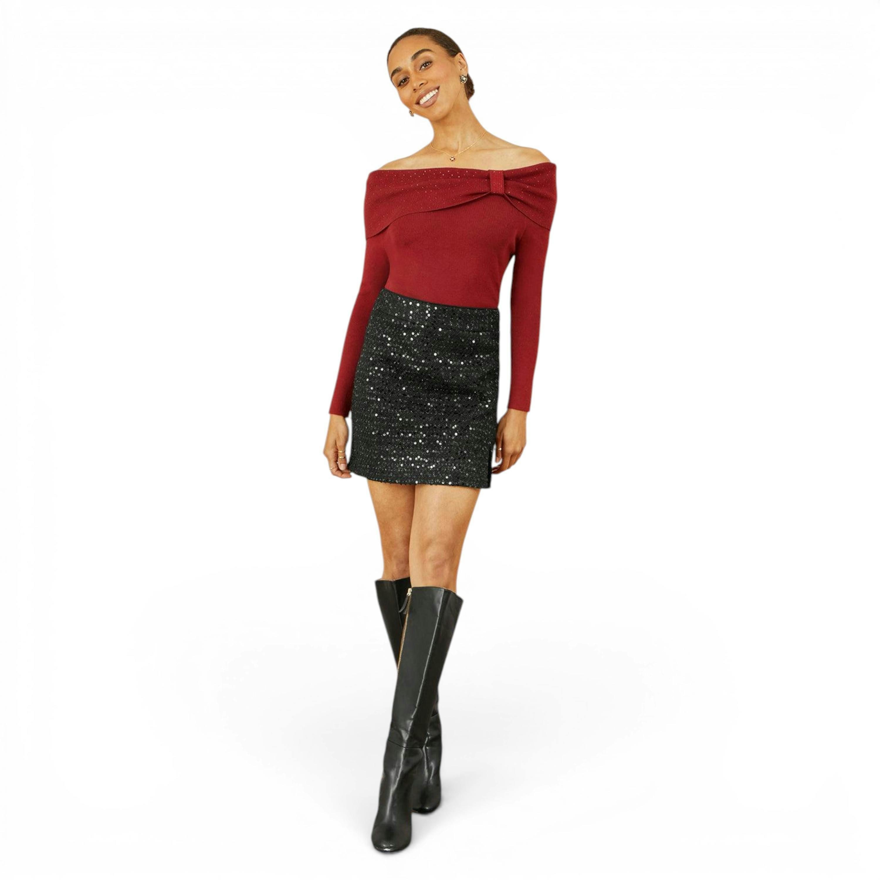 Yumi Burgundy Sparkle Bardot Jumper With Diamante Detail , view 4 of 5
