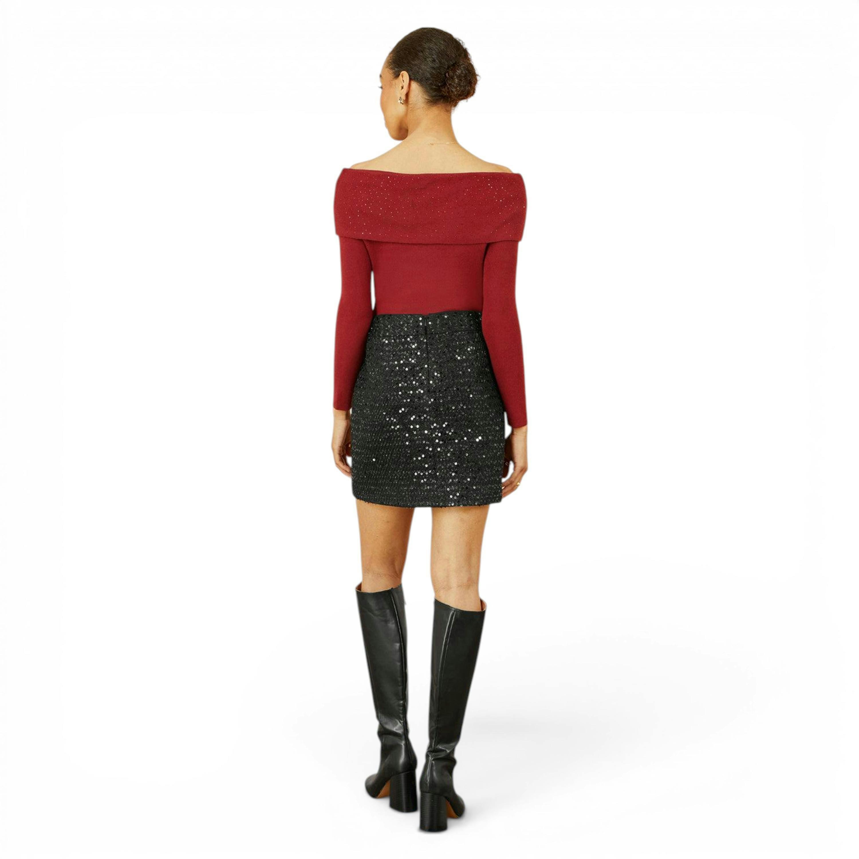 Yumi Burgundy Sparkle Bardot Jumper With Diamante Detail , view 5 of 5
