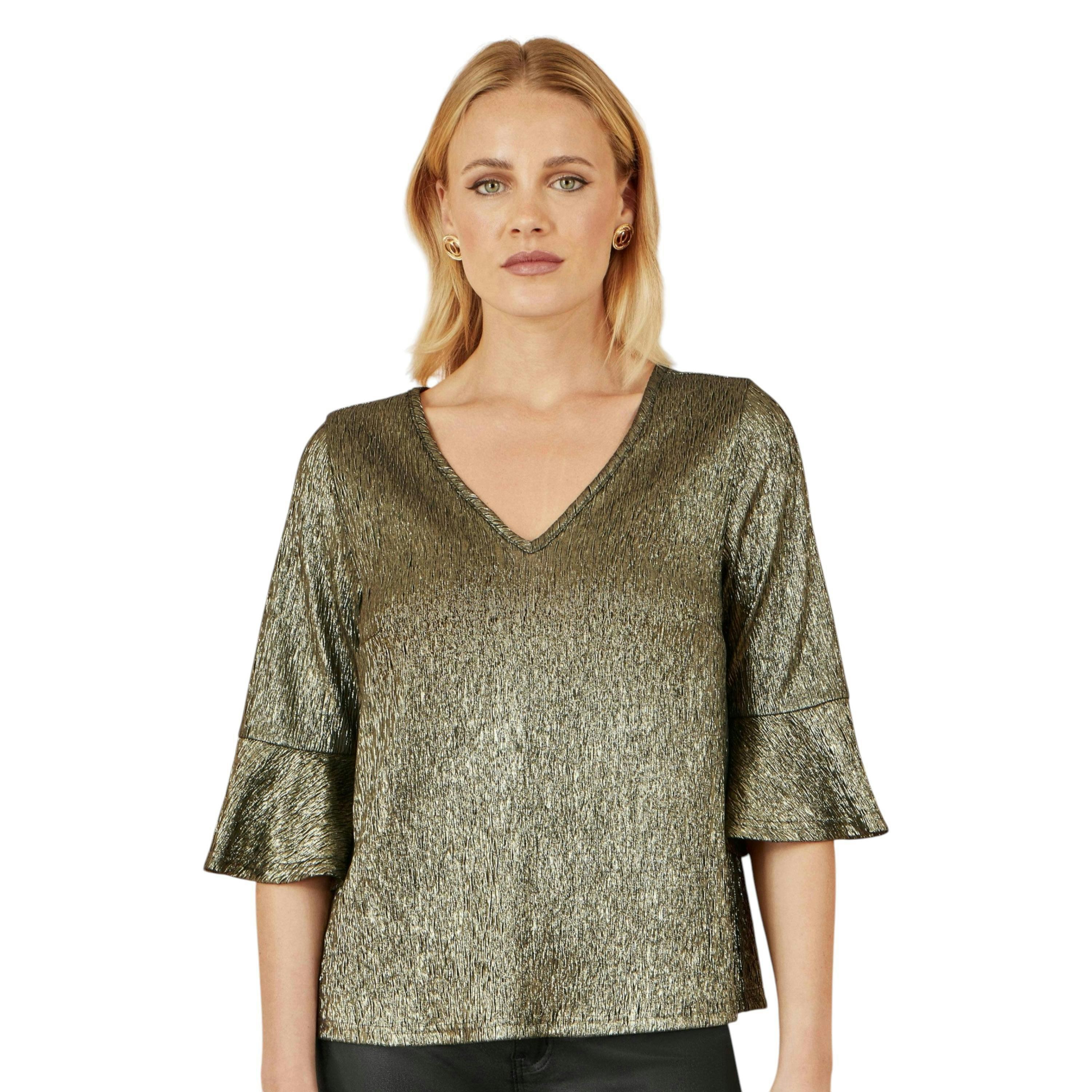 Yumi Gold Stretch Top With Fluted Sleeves , view 1 of 6