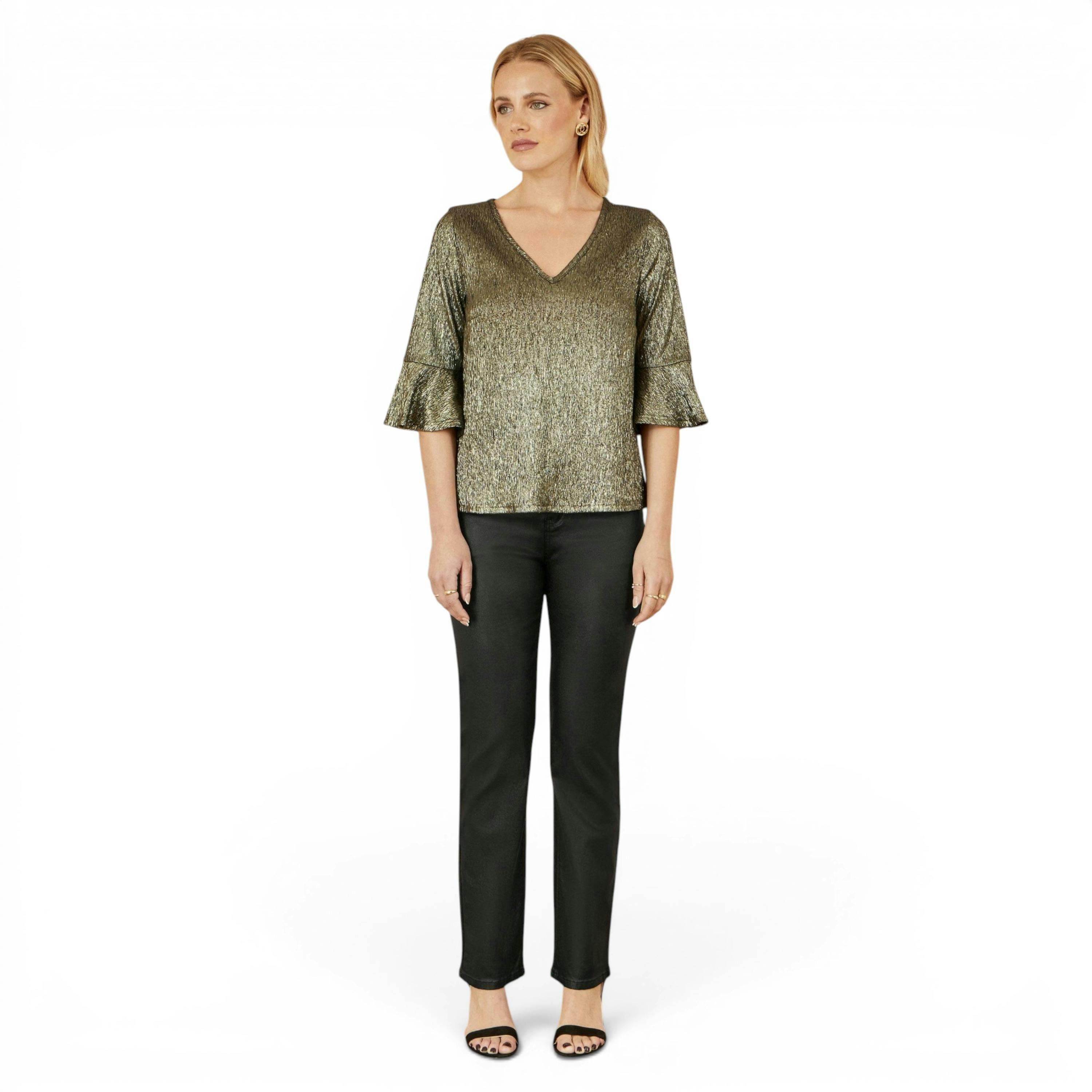 Yumi Gold Stretch Top With Fluted Sleeves , view 3 of 6