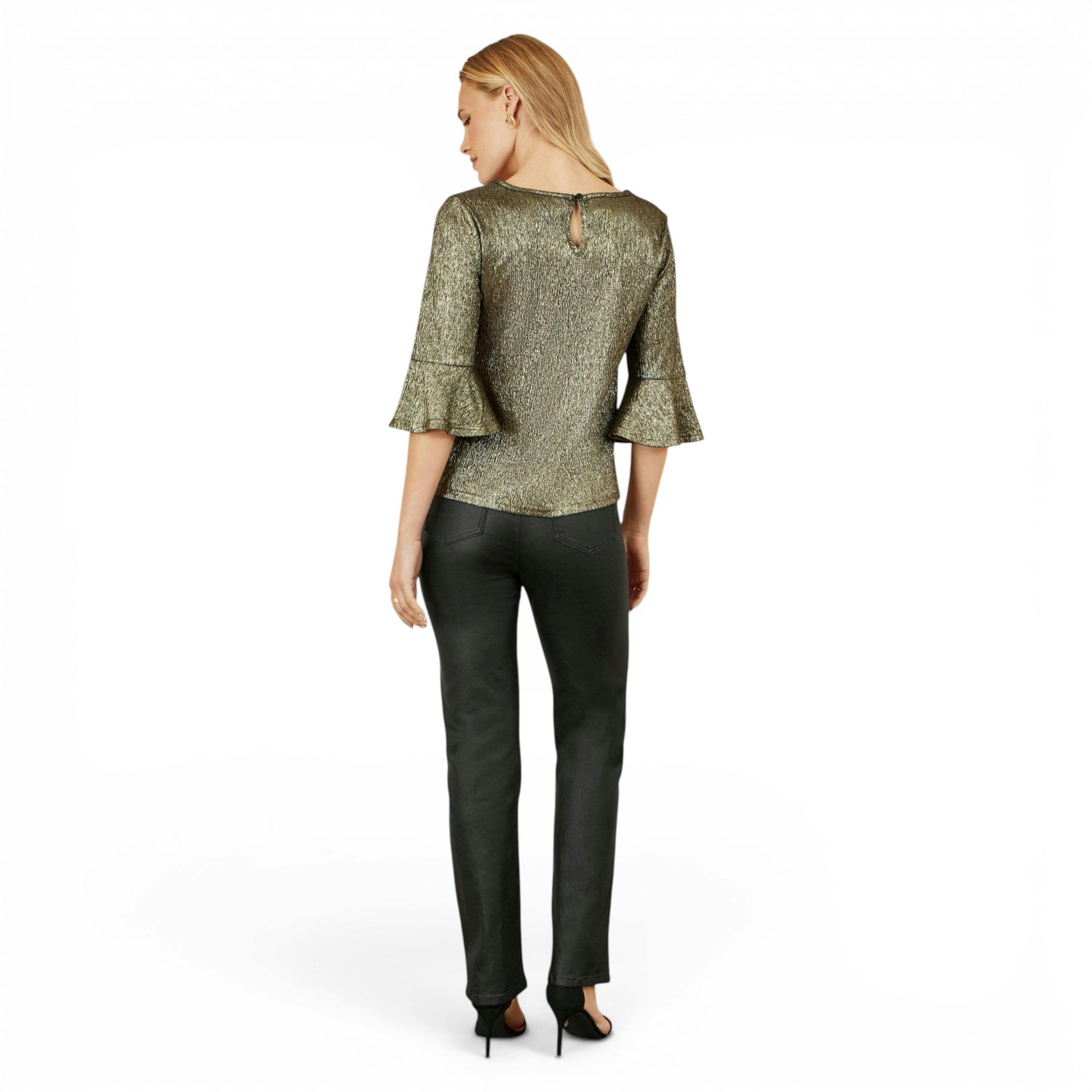 Yumi Gold Stretch Top With Fluted Sleeves , view 4 of 6