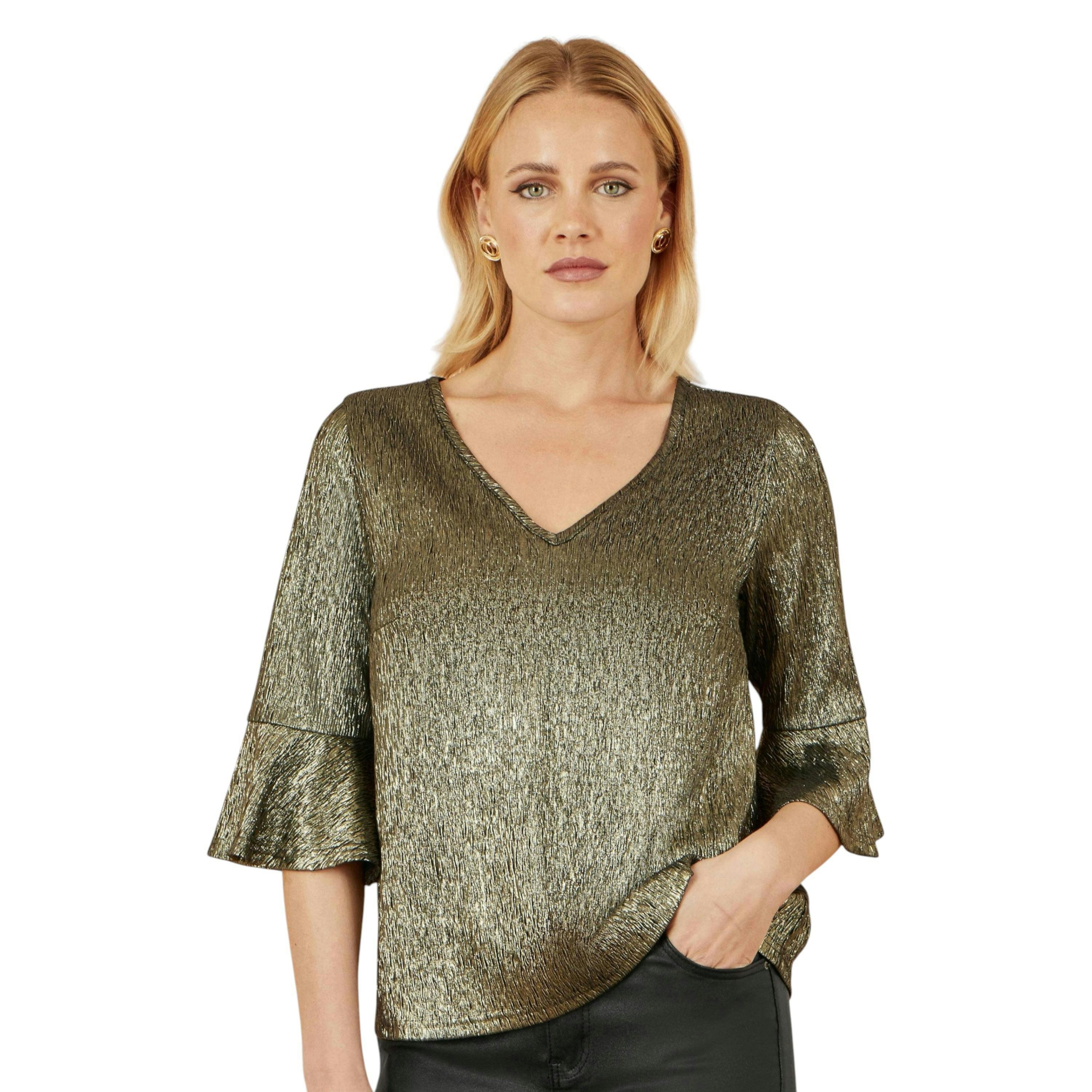 Yumi Gold Stretch Top With Fluted Sleeves , view 6 of 6