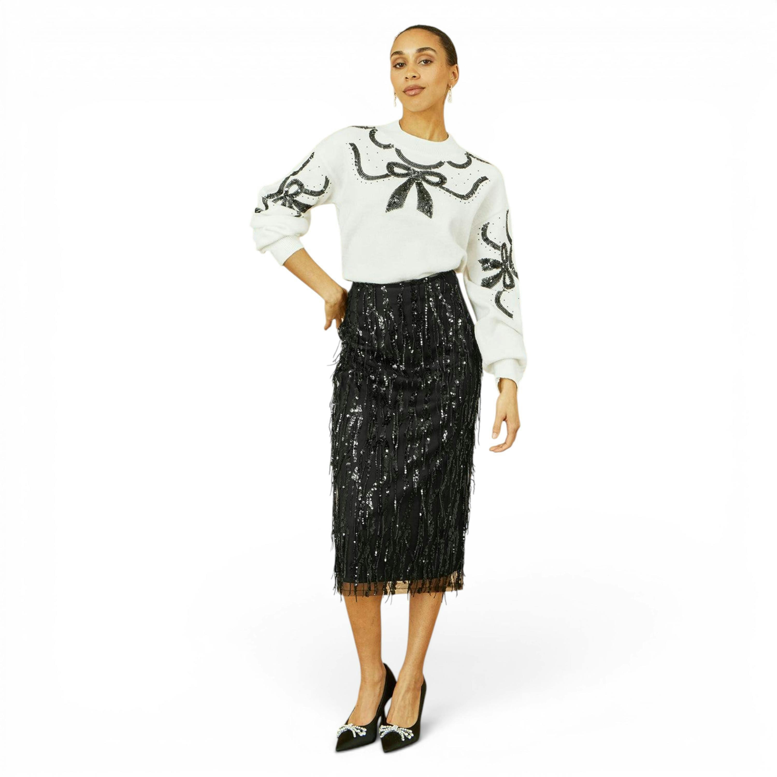 Yumi Black Hanging Sequin Fitted Midi Skirt , view 1 of 5