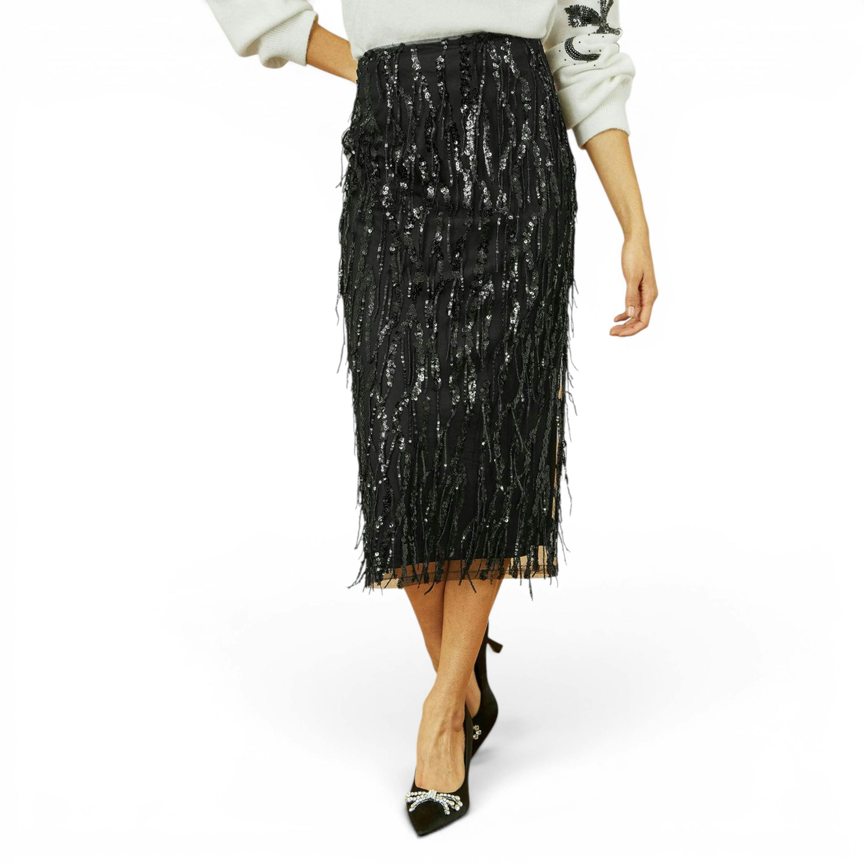 Yumi Black Hanging Sequin Fitted Midi Skirt , view 3 of 5
