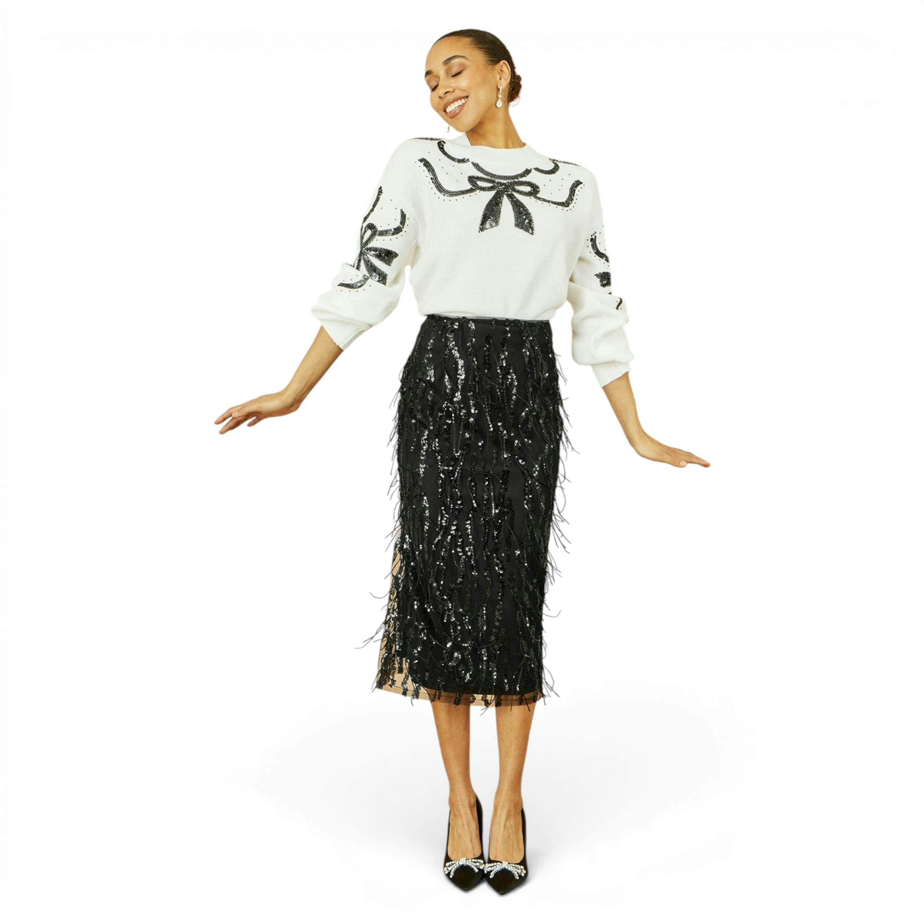 Yumi Black Hanging Sequin Fitted Midi Skirt , view 4 of 5