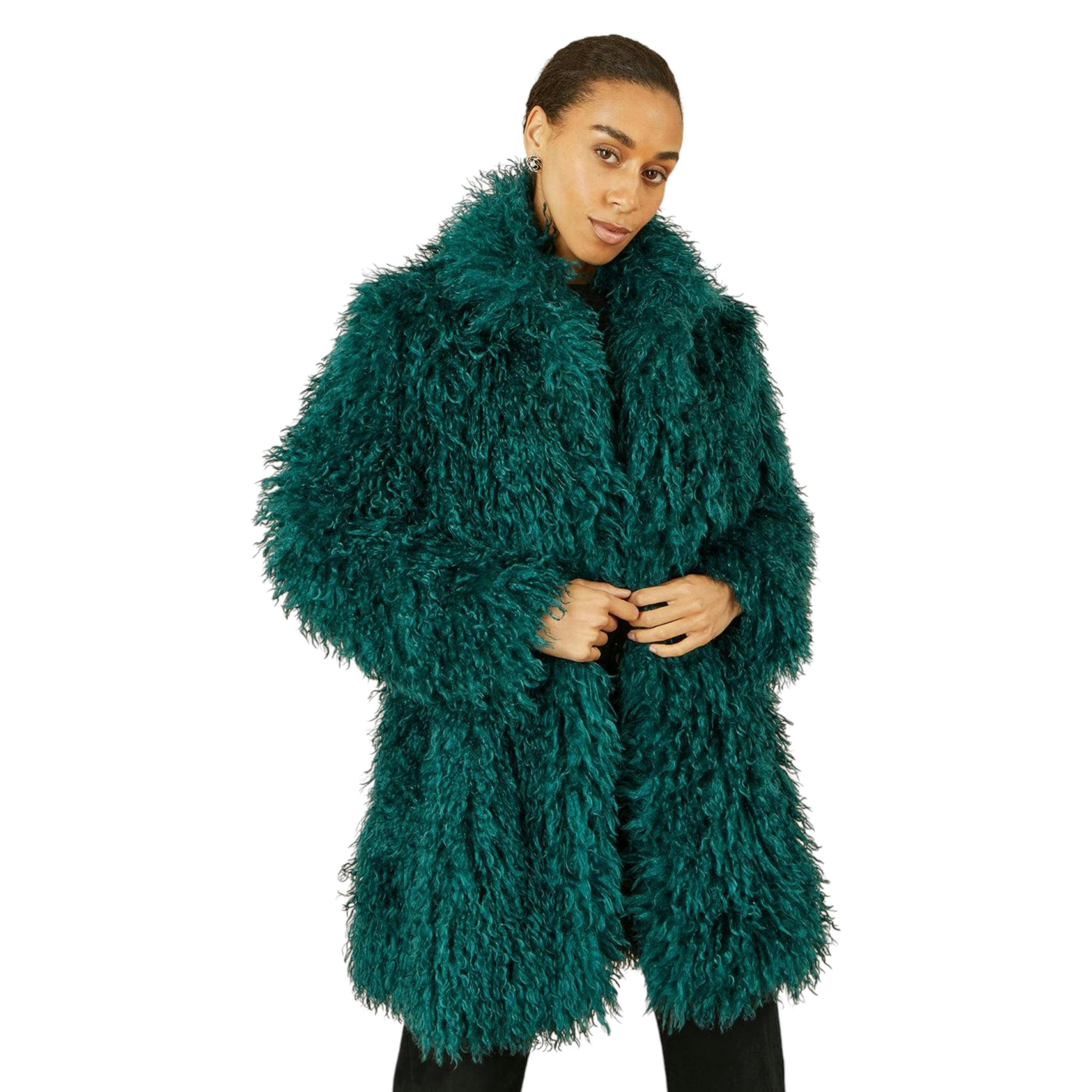 Yumi Teal Luxe Long Hair Fur Coat , view 1 of 6