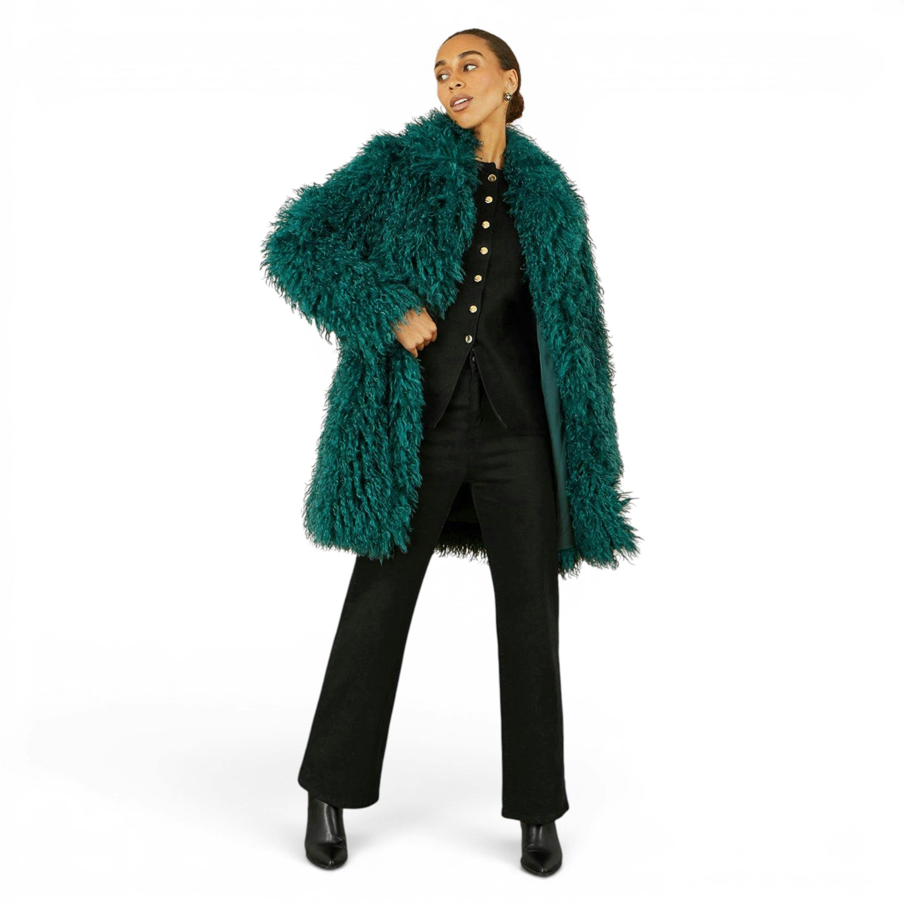 Yumi Teal Luxe Long Hair Fur Coat , view 4 of 6