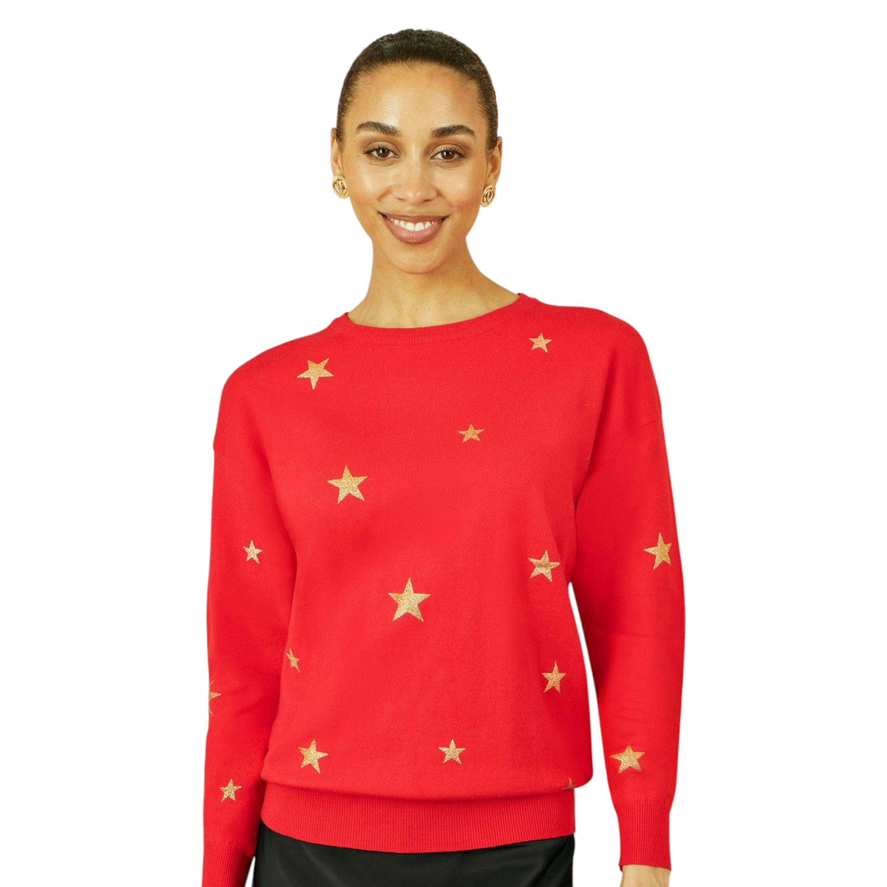 Yumi Red Gold Foil Star Print Relaxed Fit Jumper , view 1 of 5