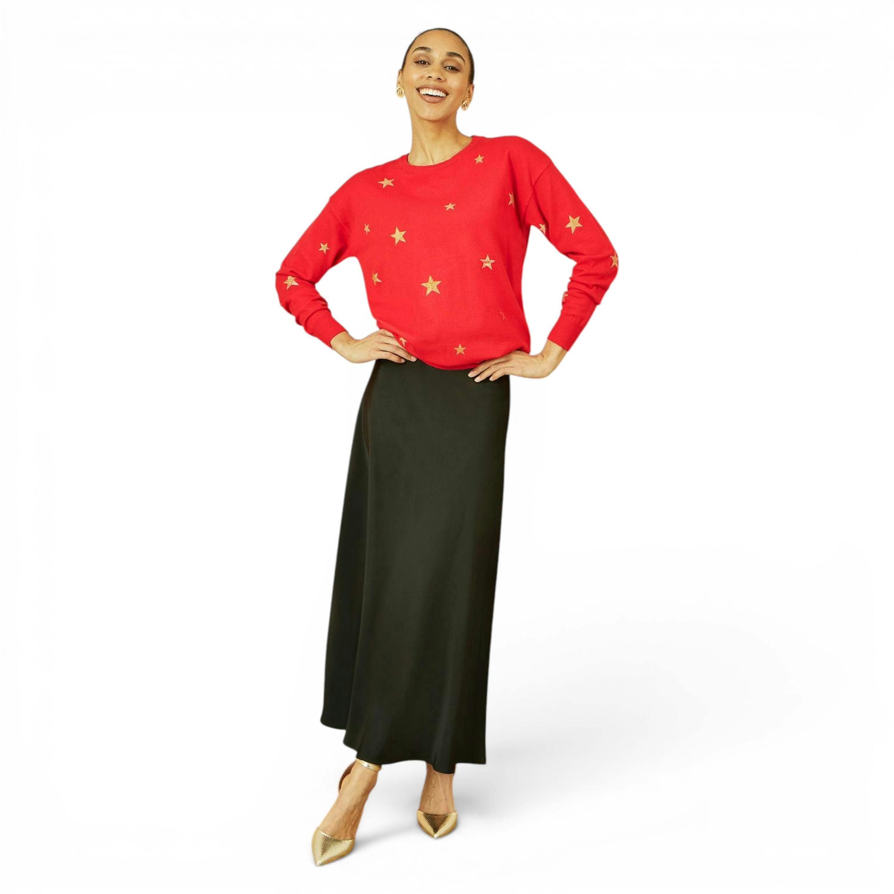 Yumi Red Gold Foil Star Print Relaxed Fit Jumper , view 2 of 5