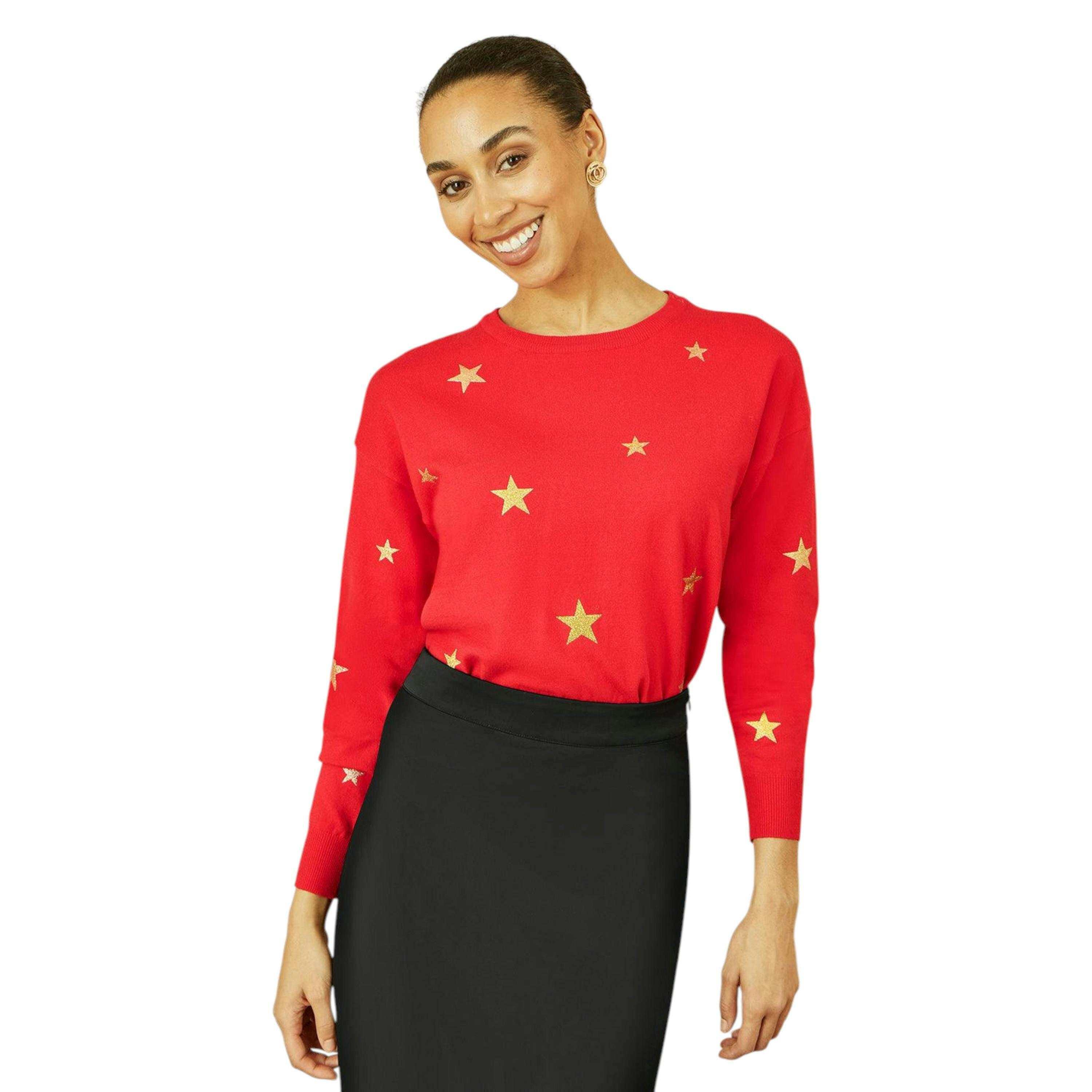 Yumi Red Gold Foil Star Print Relaxed Fit Jumper , view 3 of 5