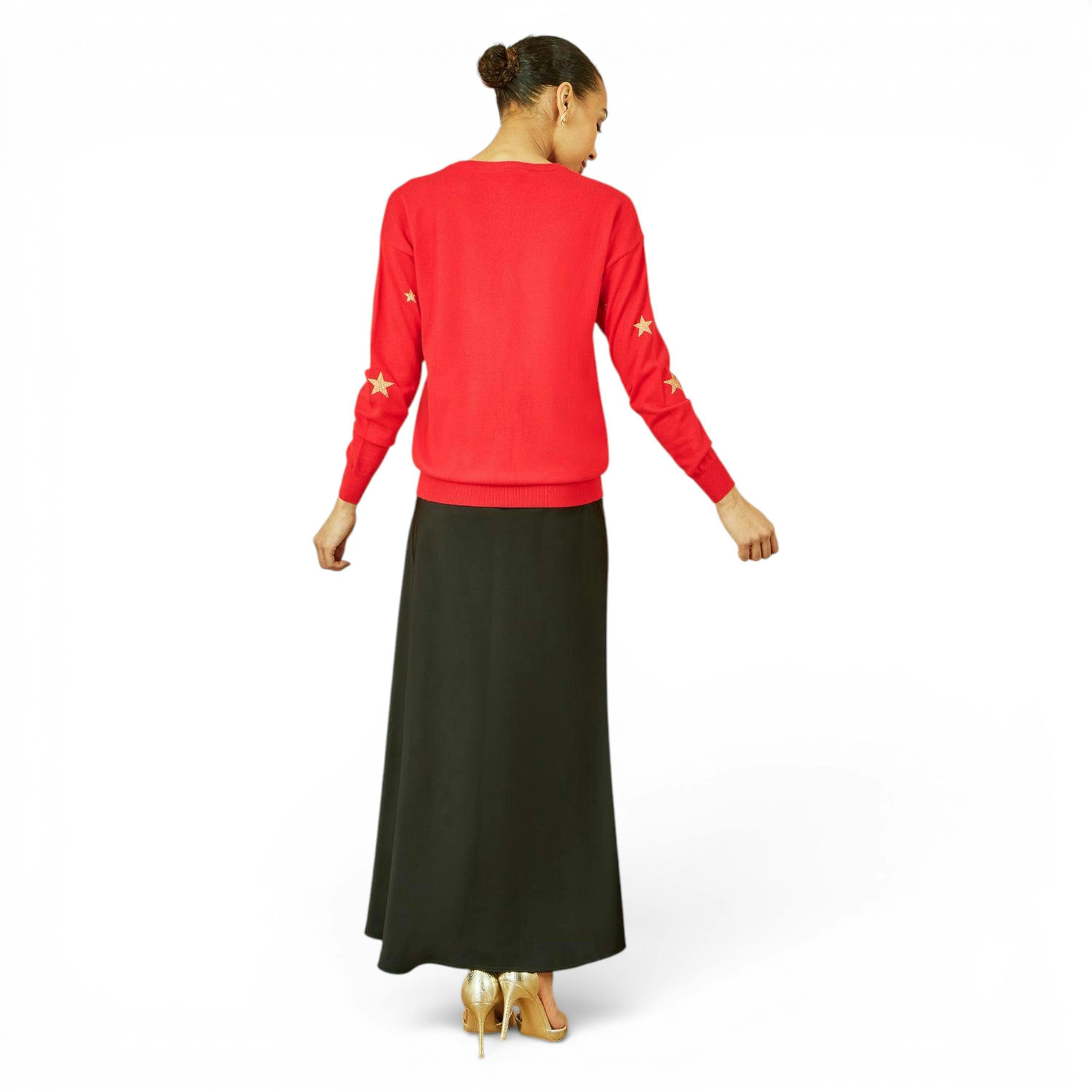 Yumi Red Gold Foil Star Print Relaxed Fit Jumper , view 4 of 5