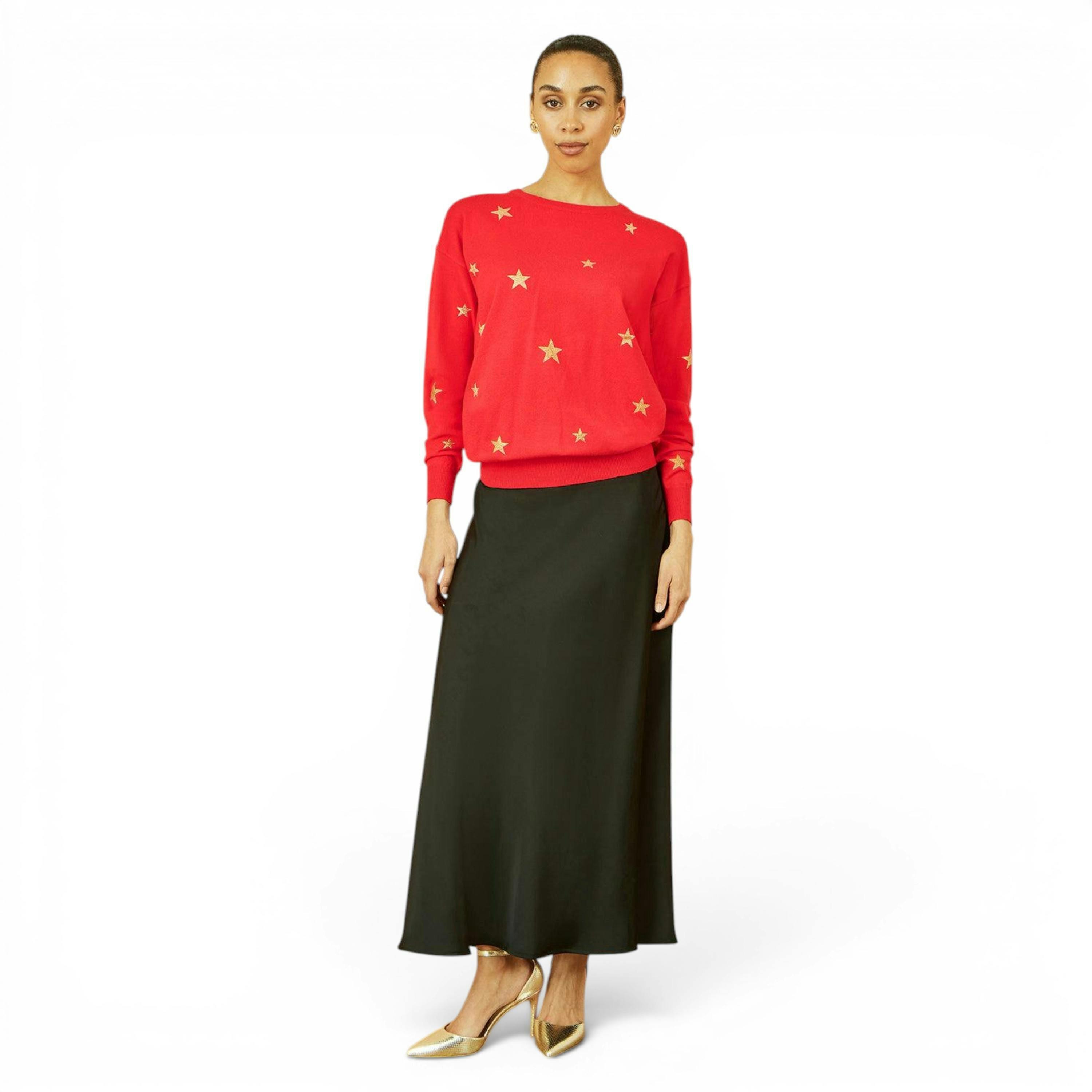 Yumi Red Gold Foil Star Print Relaxed Fit Jumper , view 5 of 5
