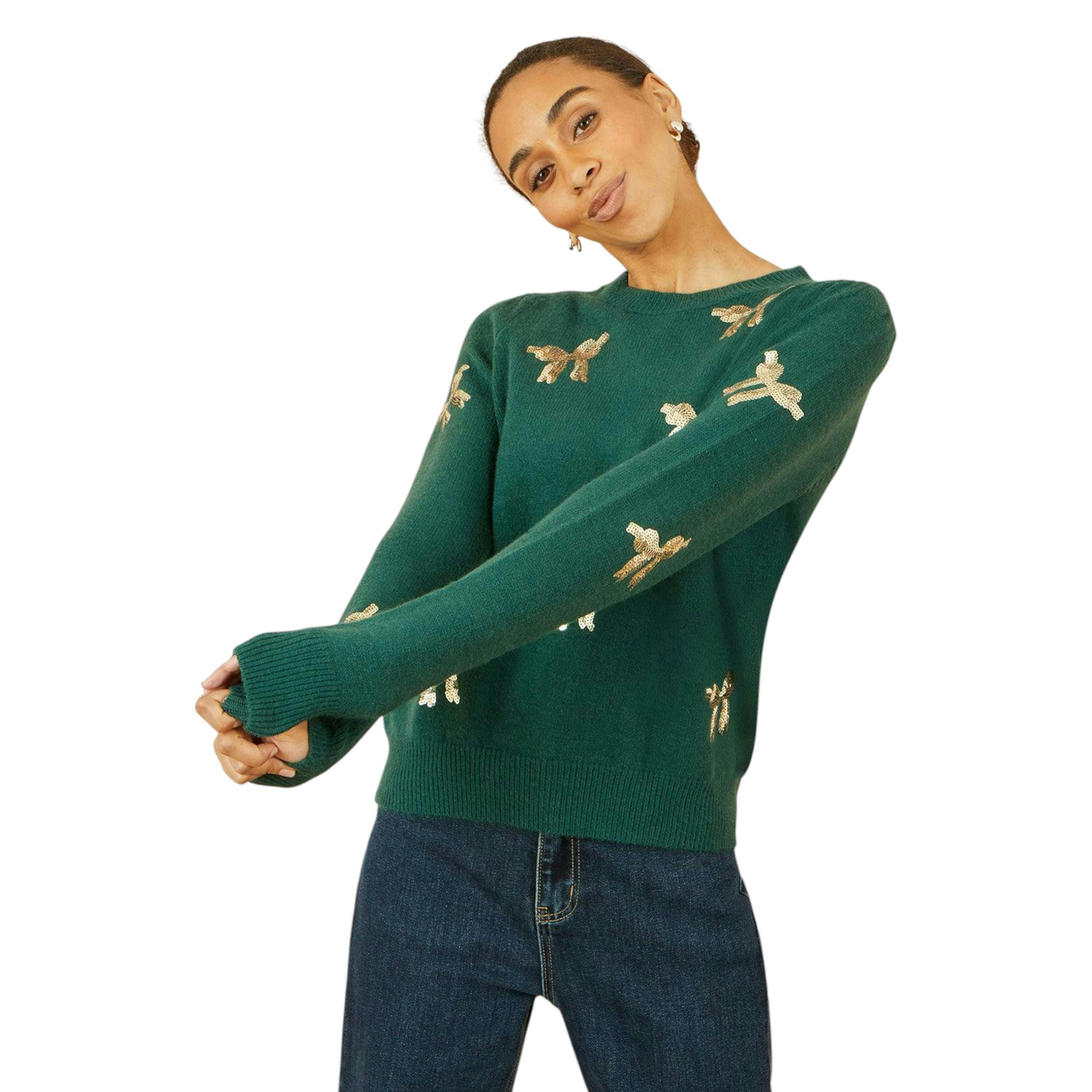 Yumi Green Sequin All Over Applique Bow Knitted Jumper , view 1 of 5