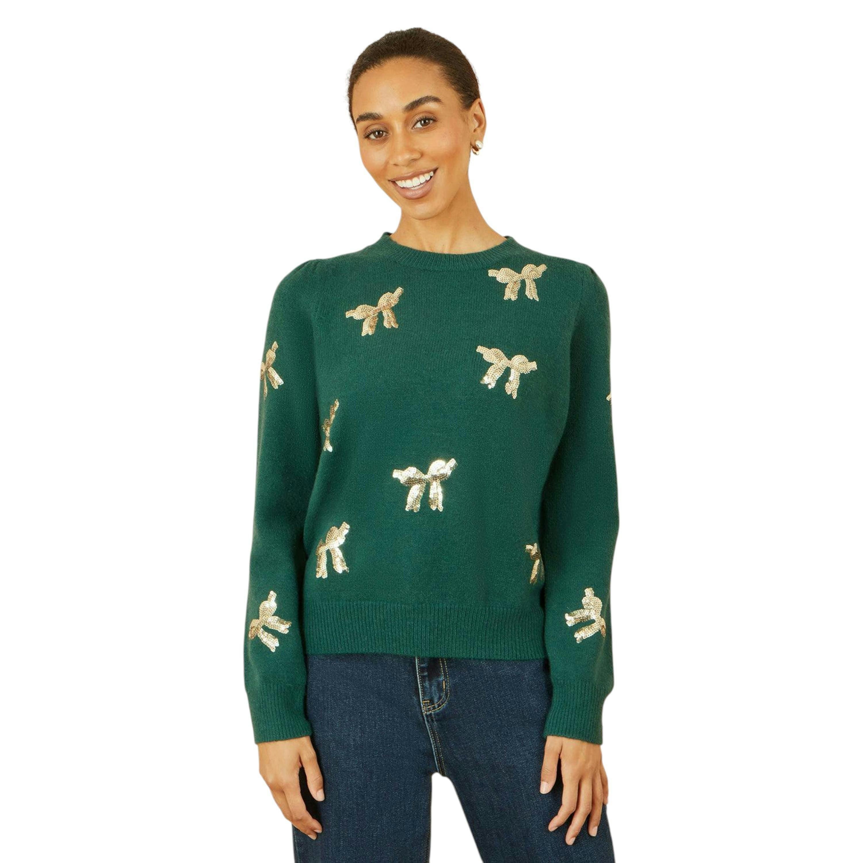 Yumi Green Sequin All Over Applique Bow Knitted Jumper , view 2 of 5