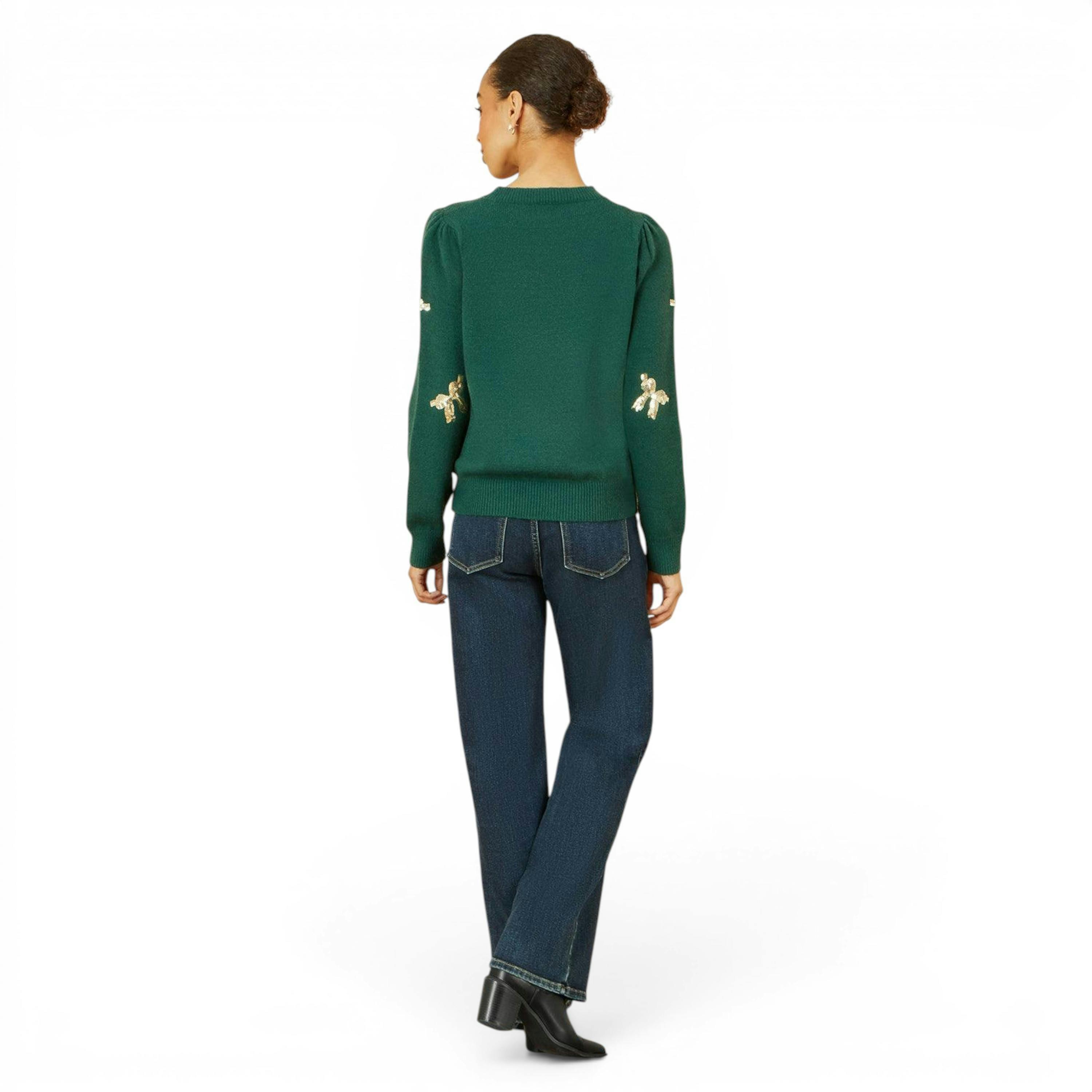 Yumi Green Sequin All Over Applique Bow Knitted Jumper , view 3 of 5