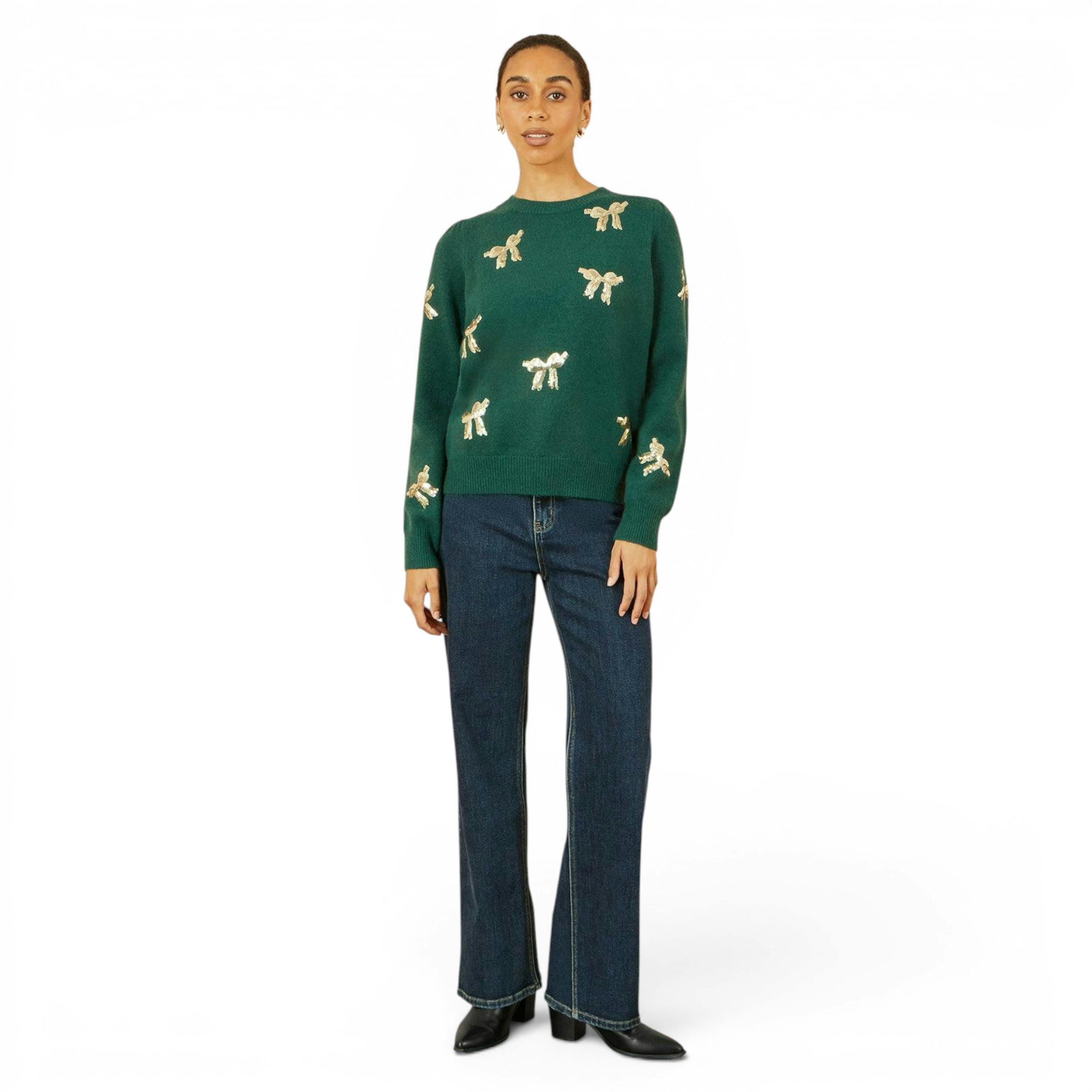 Yumi Green Sequin All Over Applique Bow Knitted Jumper , view 4 of 5
