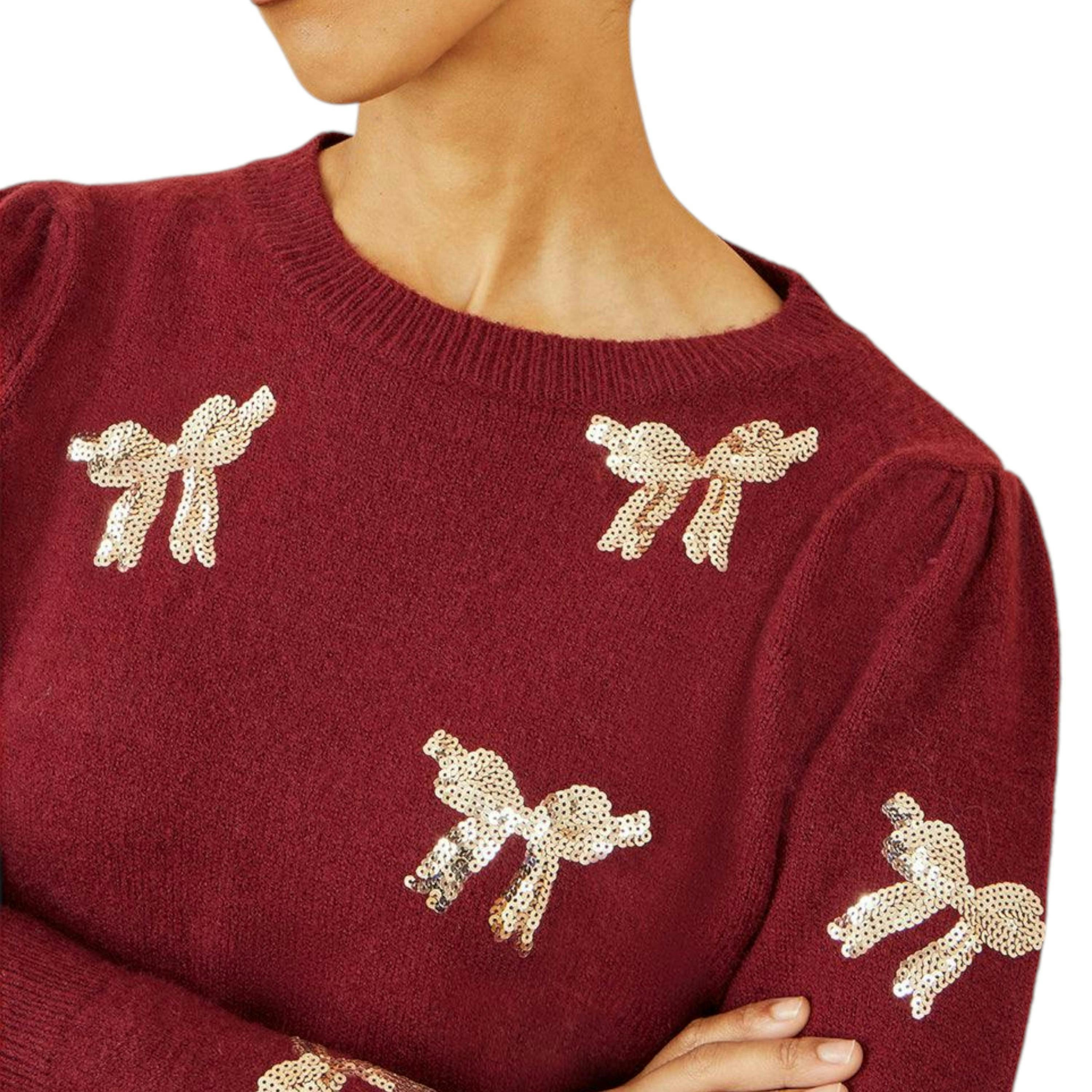 Yumi Burgundy Sequin All Over Applique Bow Knitted Jumper , view 2 of 5
