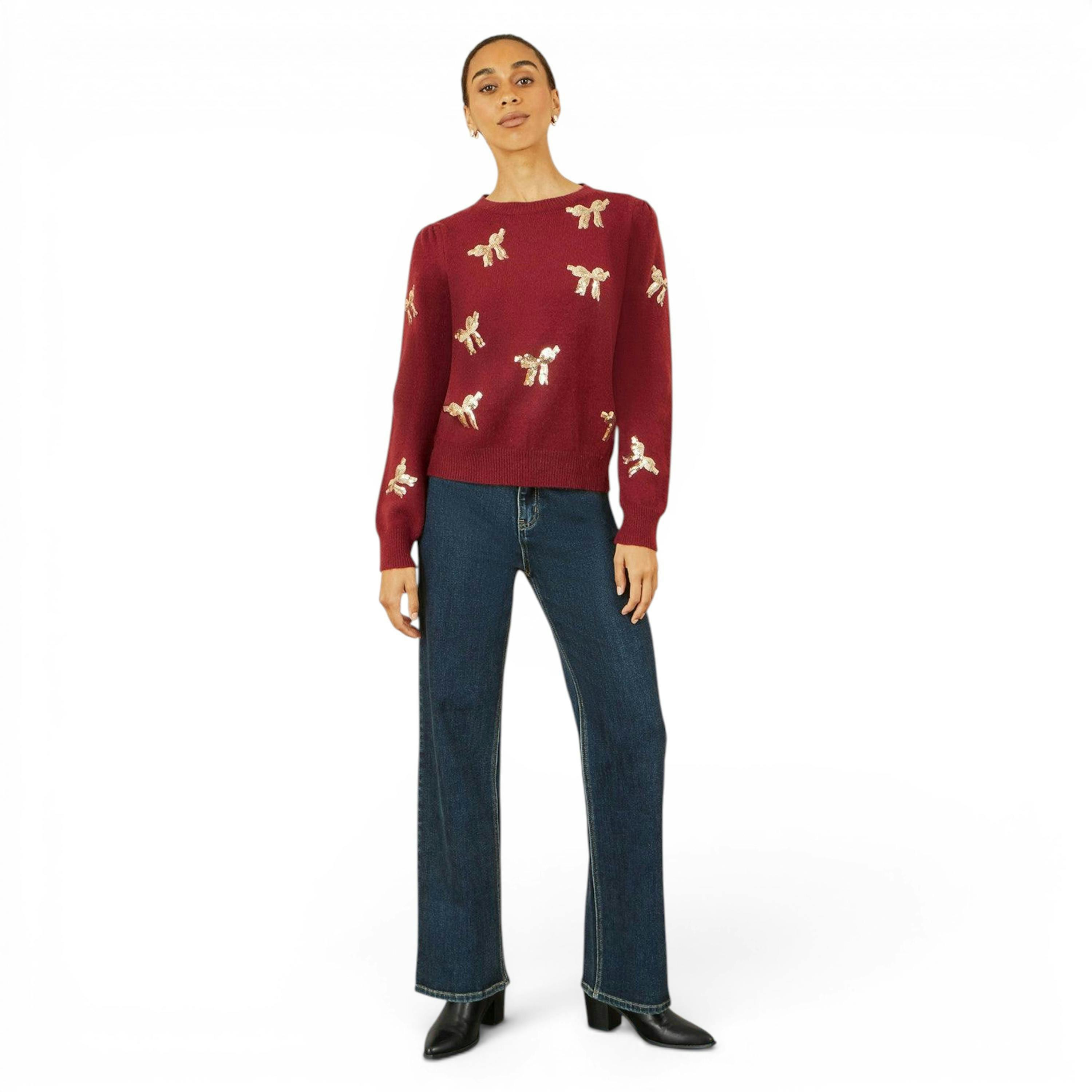 Yumi Burgundy Sequin All Over Applique Bow Knitted Jumper , view 3 of 5