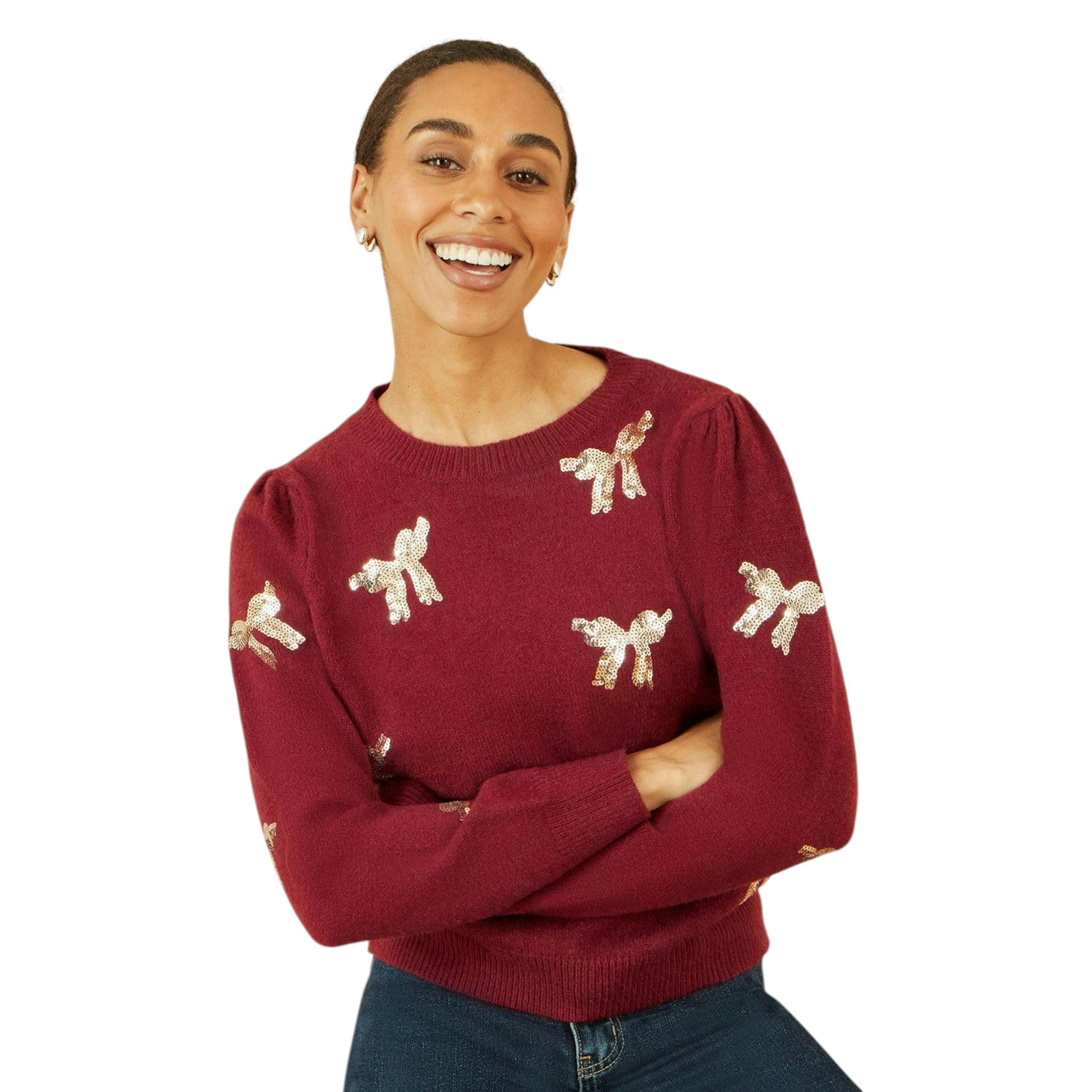 Yumi Burgundy Sequin All Over Applique Bow Knitted Jumper , view 4 of 5