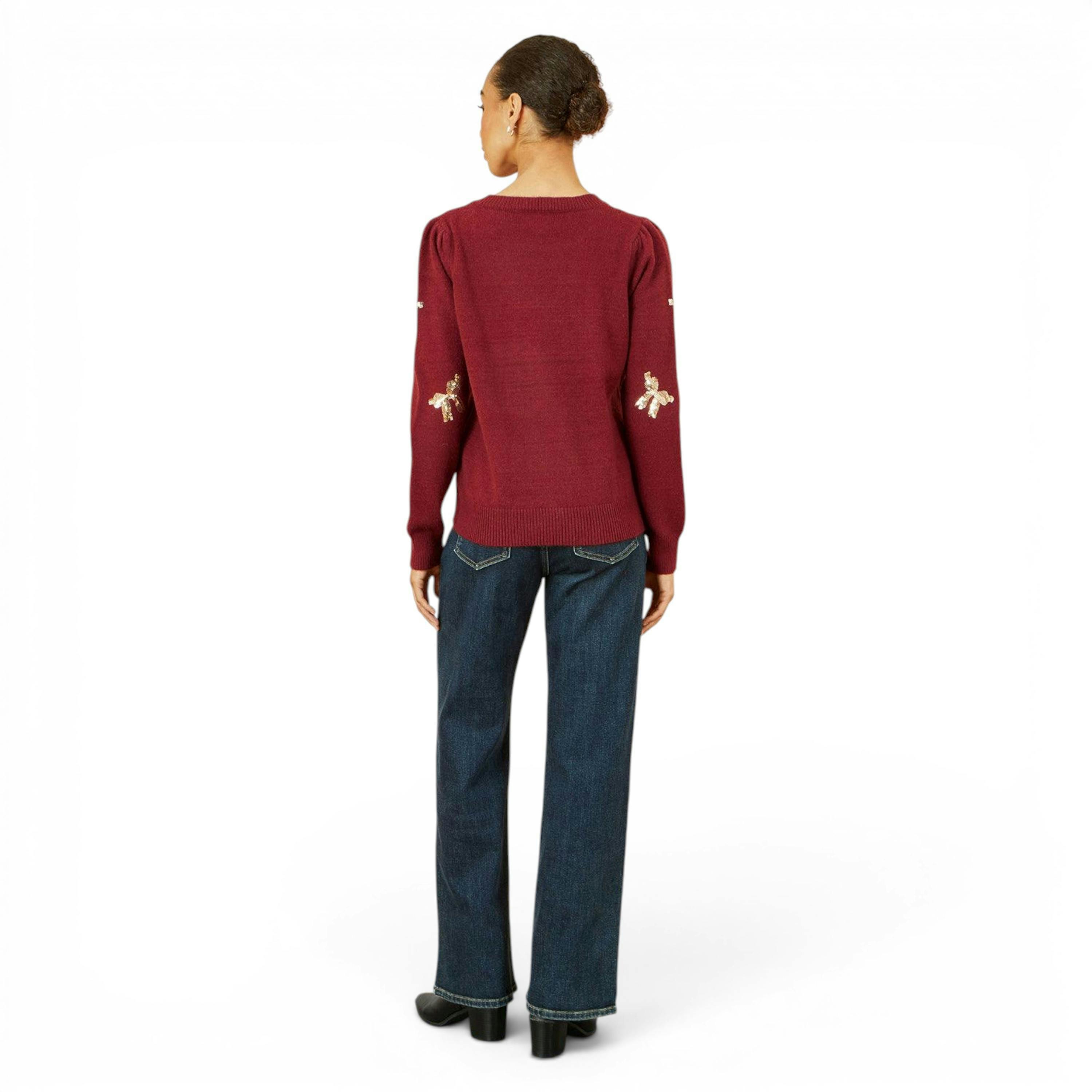 Yumi Burgundy Sequin All Over Applique Bow Knitted Jumper , view 5 of 5
