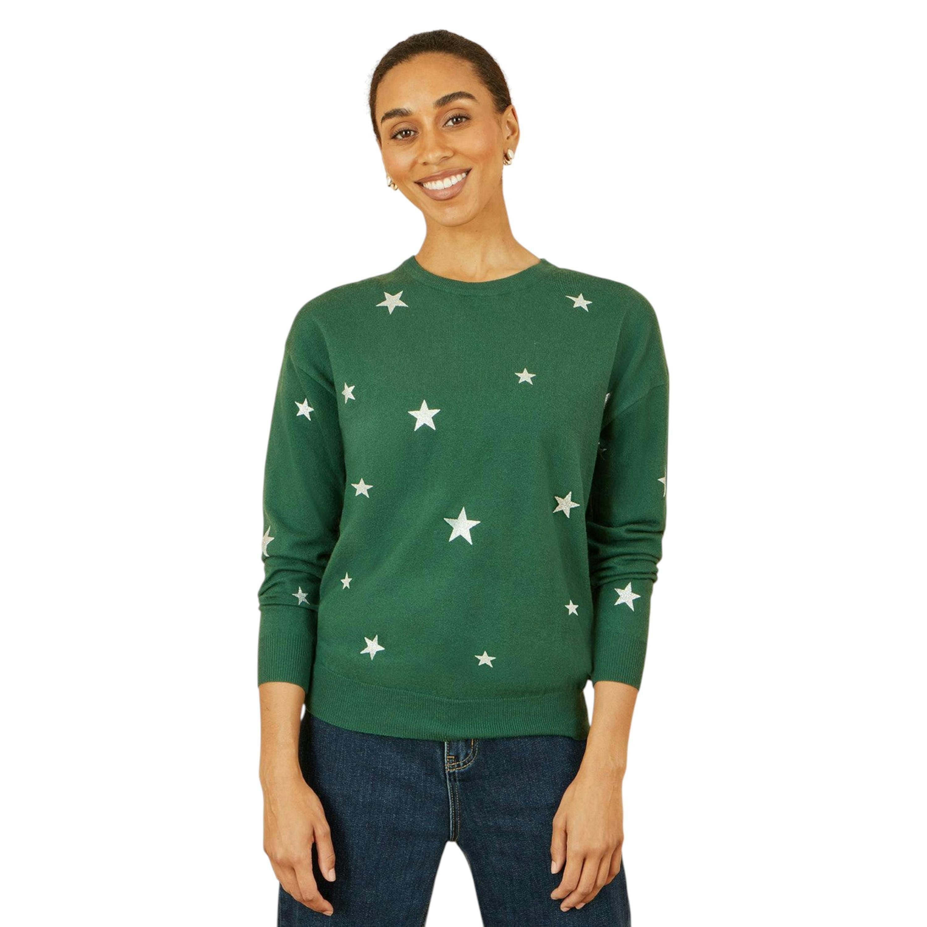 Yumi Green Gold Foil Star Print Relaxed Fit Jumper , view 1 of 5