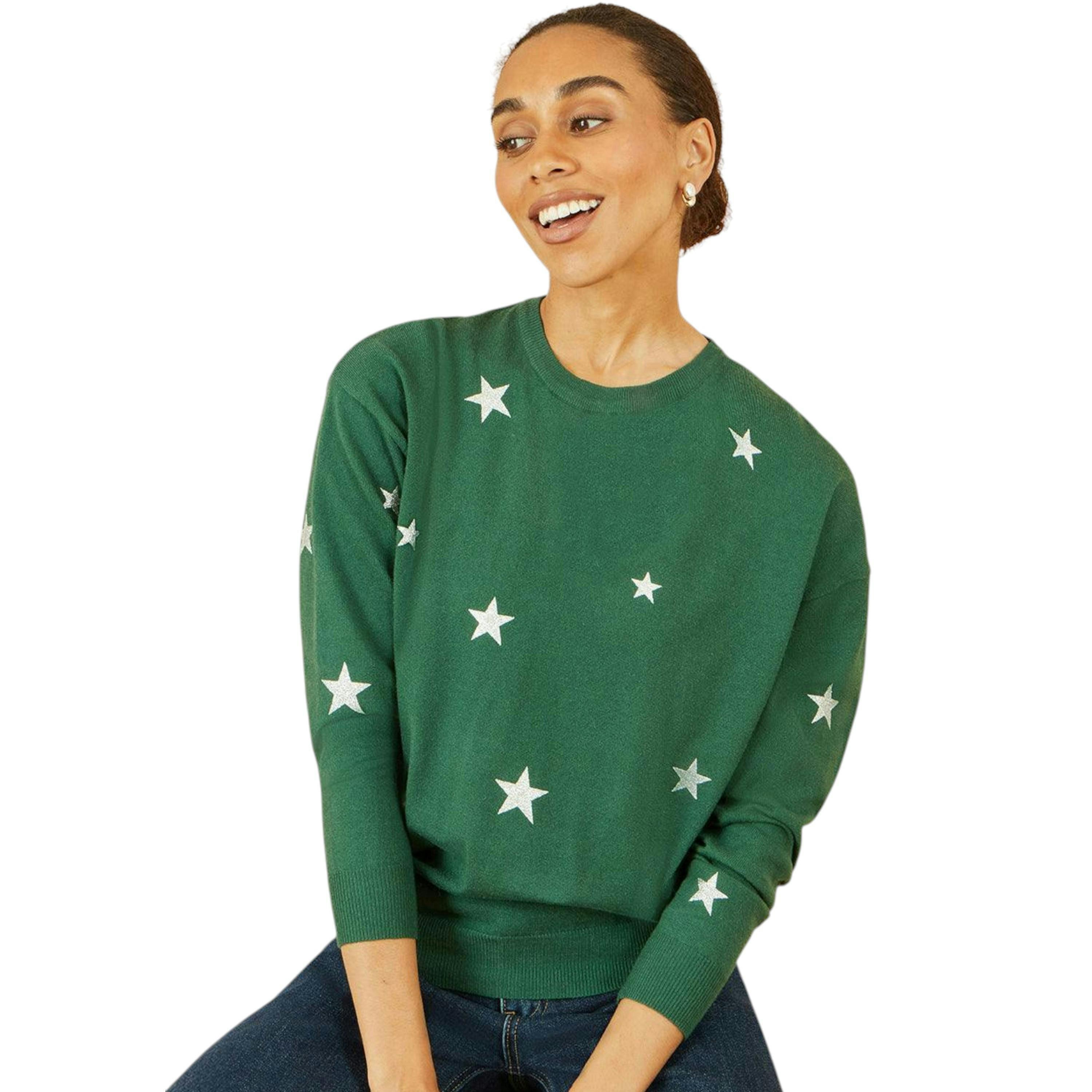 Yumi Green Gold Foil Star Print Relaxed Fit Jumper , view 2 of 5