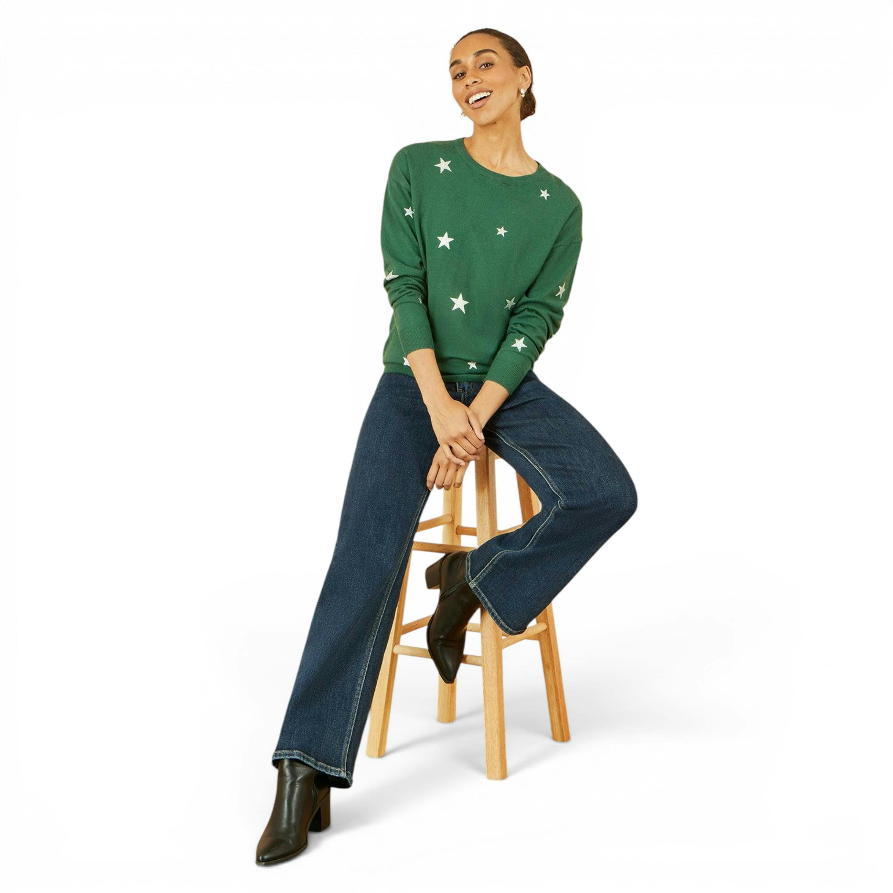 Yumi Green Gold Foil Star Print Relaxed Fit Jumper , view 3 of 5