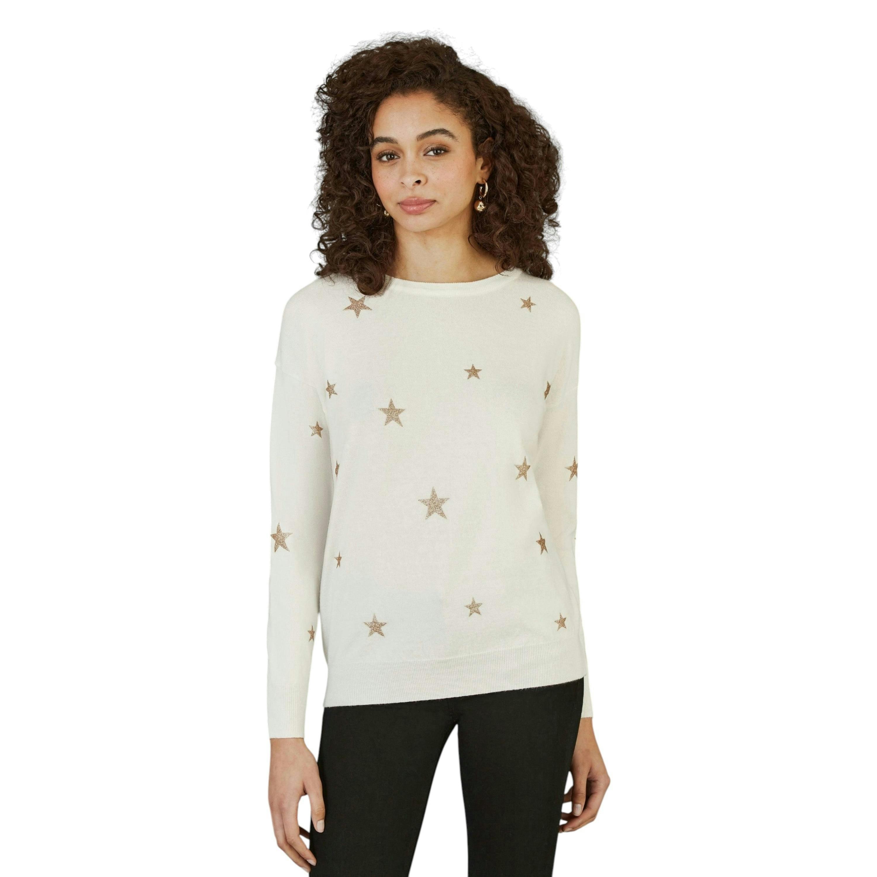 Yumi Cream Gold Foil Star Print Relaxed Fit Jumper , view 1 of 4