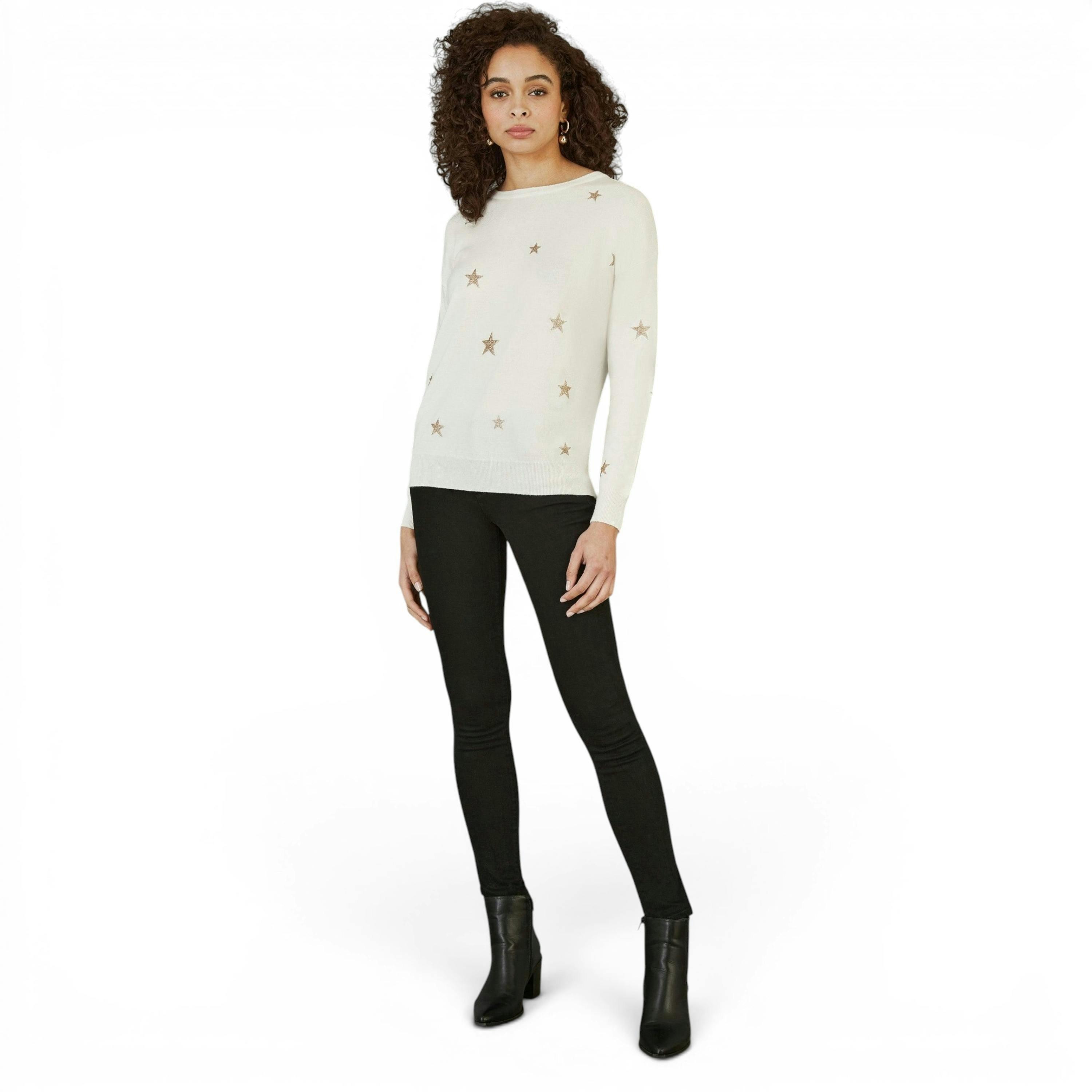 Yumi Cream Gold Foil Star Print Relaxed Fit Jumper , view 2 of 4