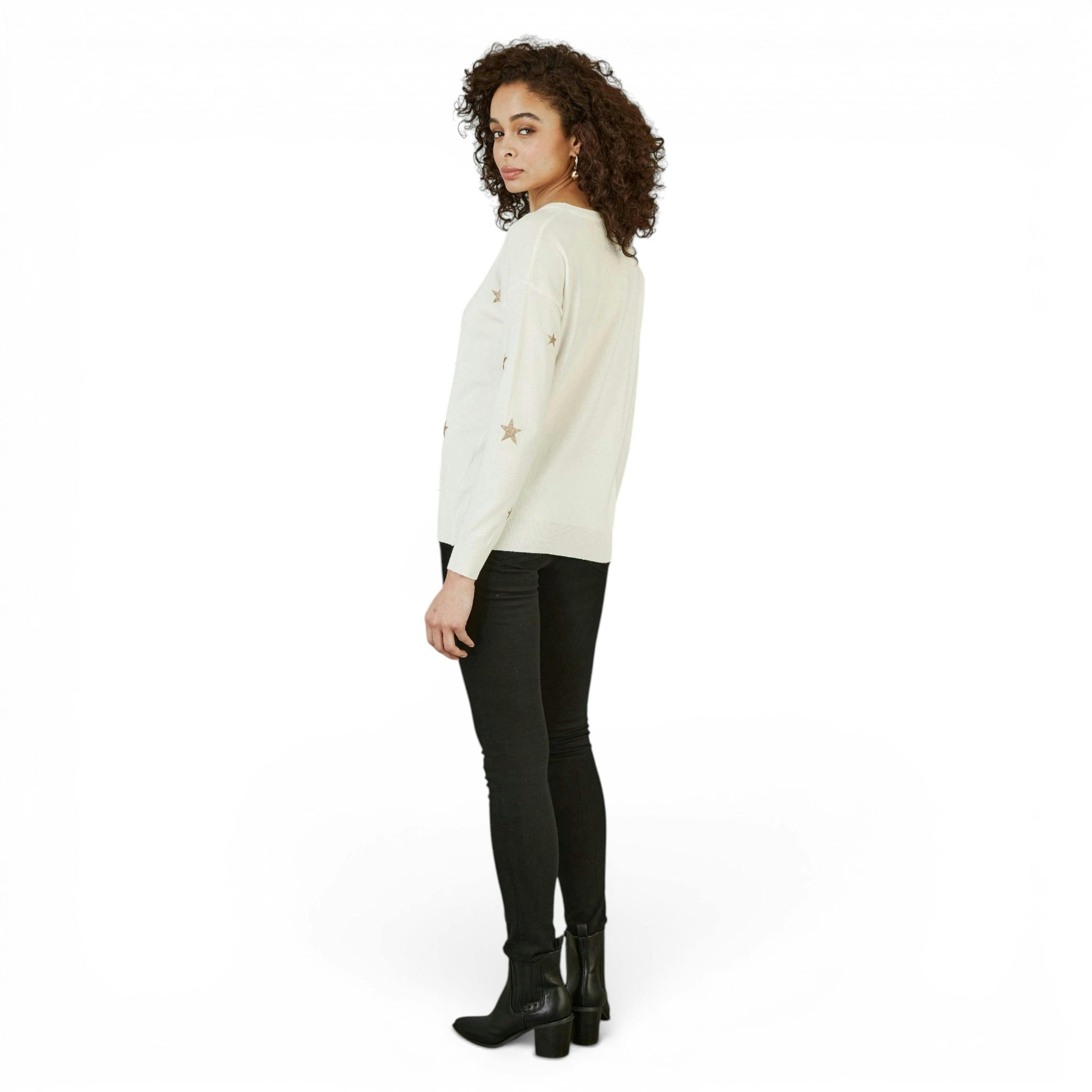 Yumi Cream Gold Foil Star Print Relaxed Fit Jumper , view 3 of 4