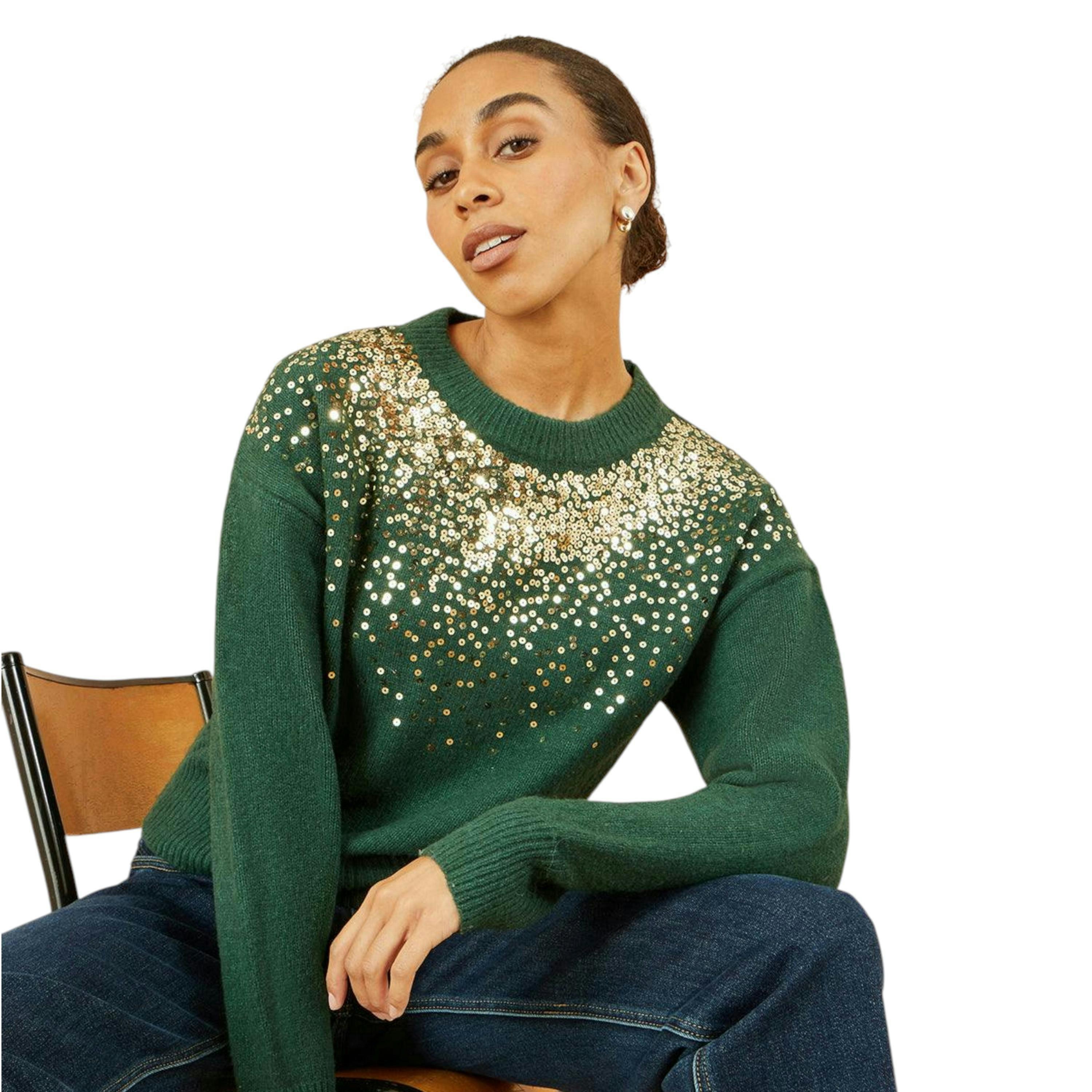 Yumi Green Relaxed Knitted Jumper With Scattered Sequin Neckline , view 1 of 5