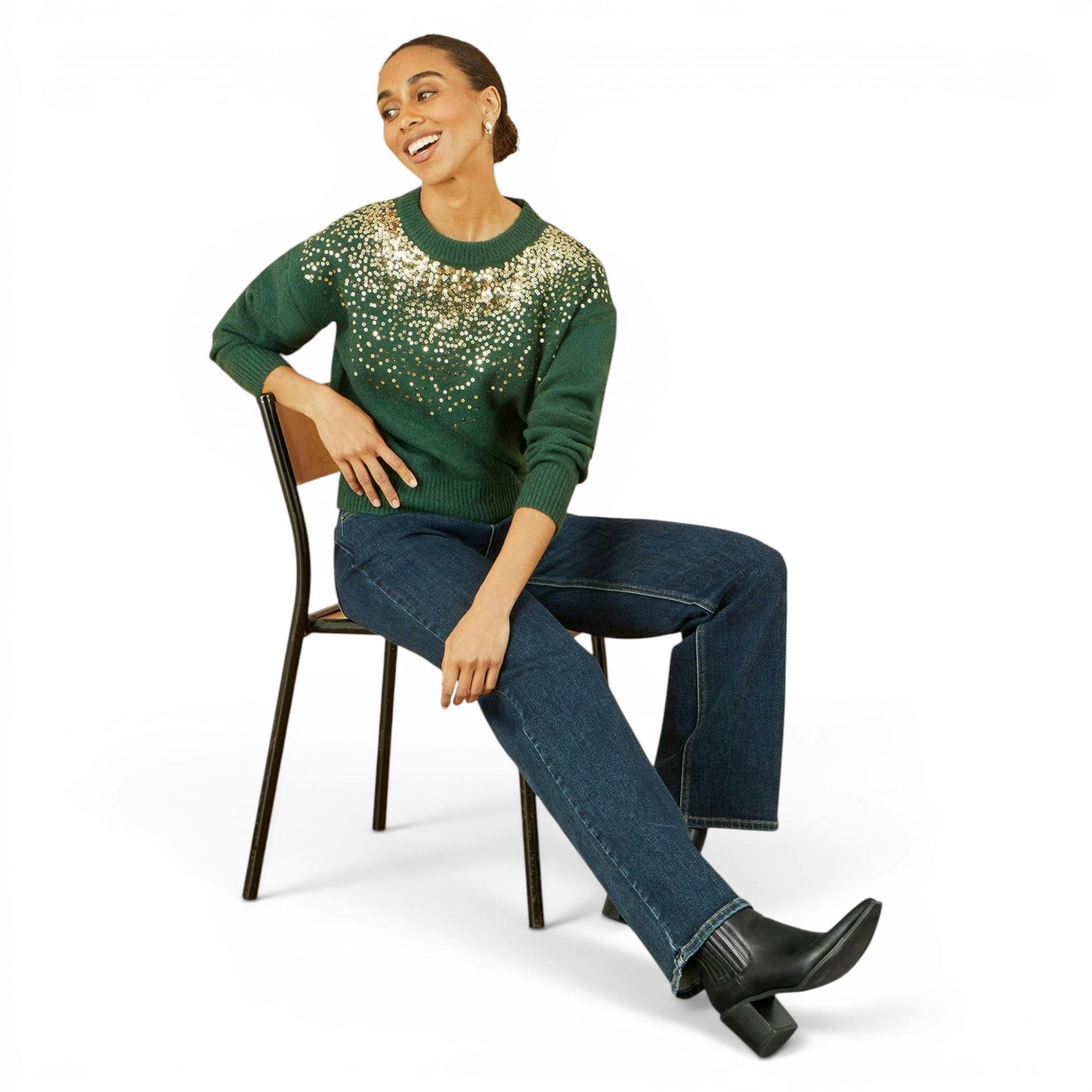 Yumi Green Relaxed Knitted Jumper With Scattered Sequin Neckline , view 2 of 5