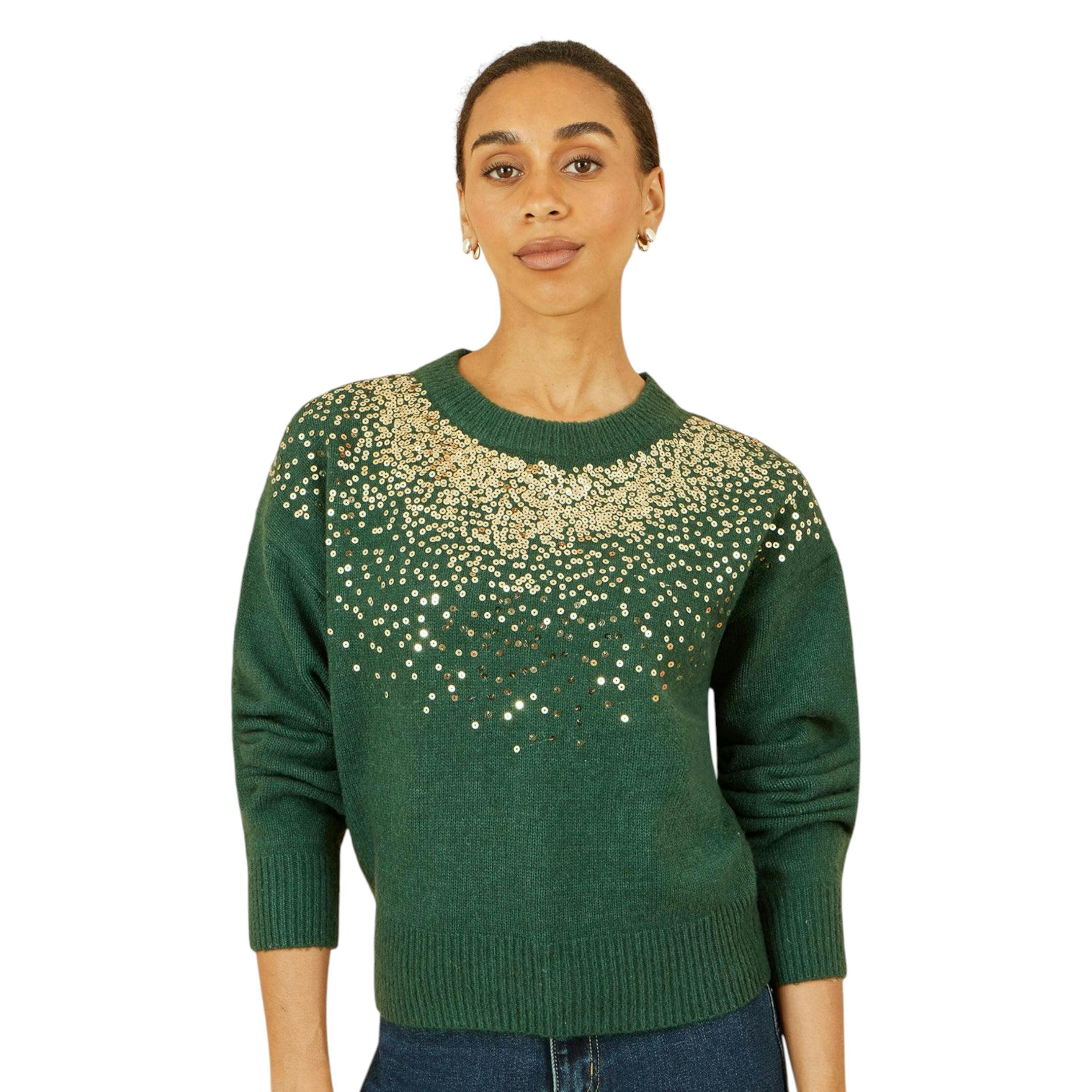 Yumi Green Relaxed Knitted Jumper With Scattered Sequin Neckline , view 4 of 5