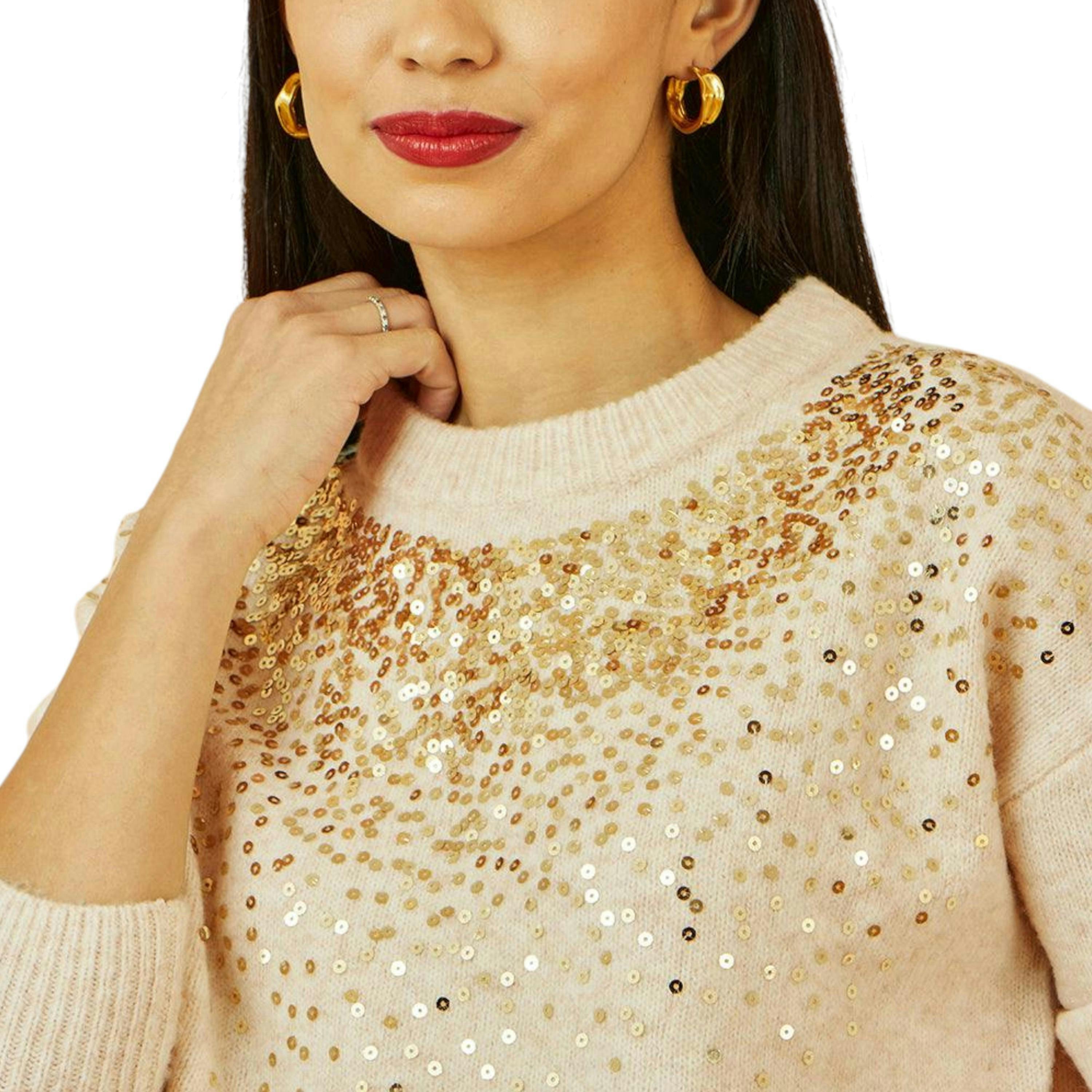 Yumi Oatmeal Relaxed Knitted Jumper With Scattered Sequin Neckline , view 1 of 5