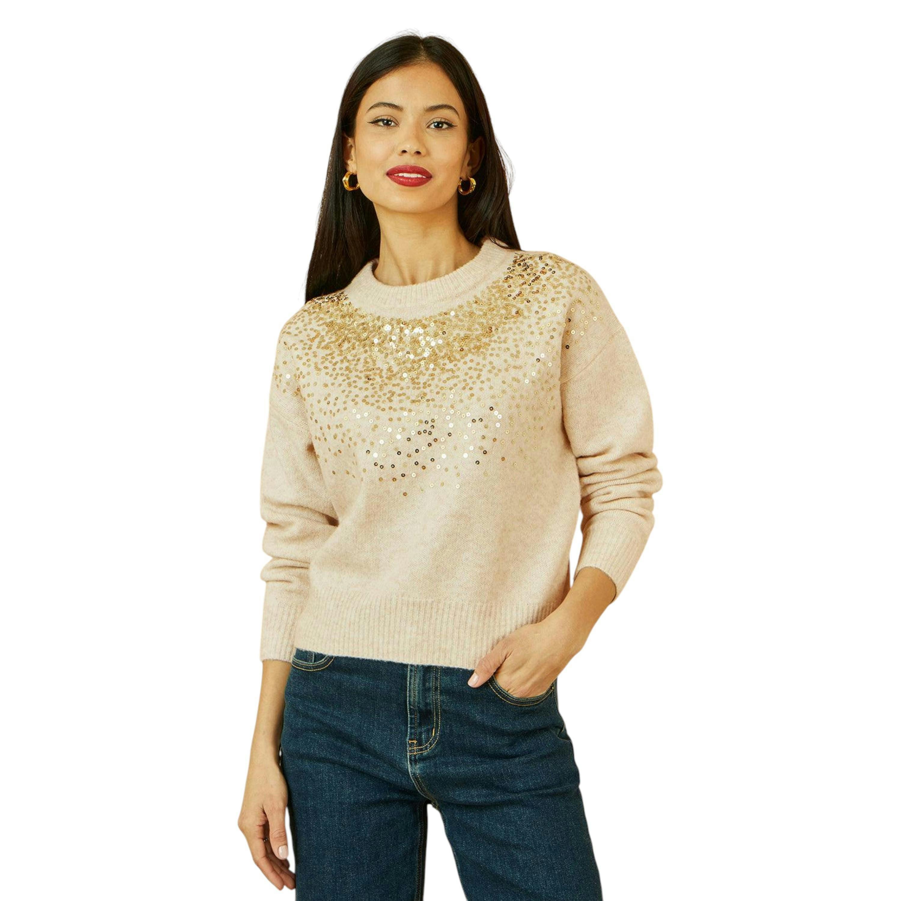 Yumi Oatmeal Relaxed Knitted Jumper With Scattered Sequin Neckline , view 2 of 5