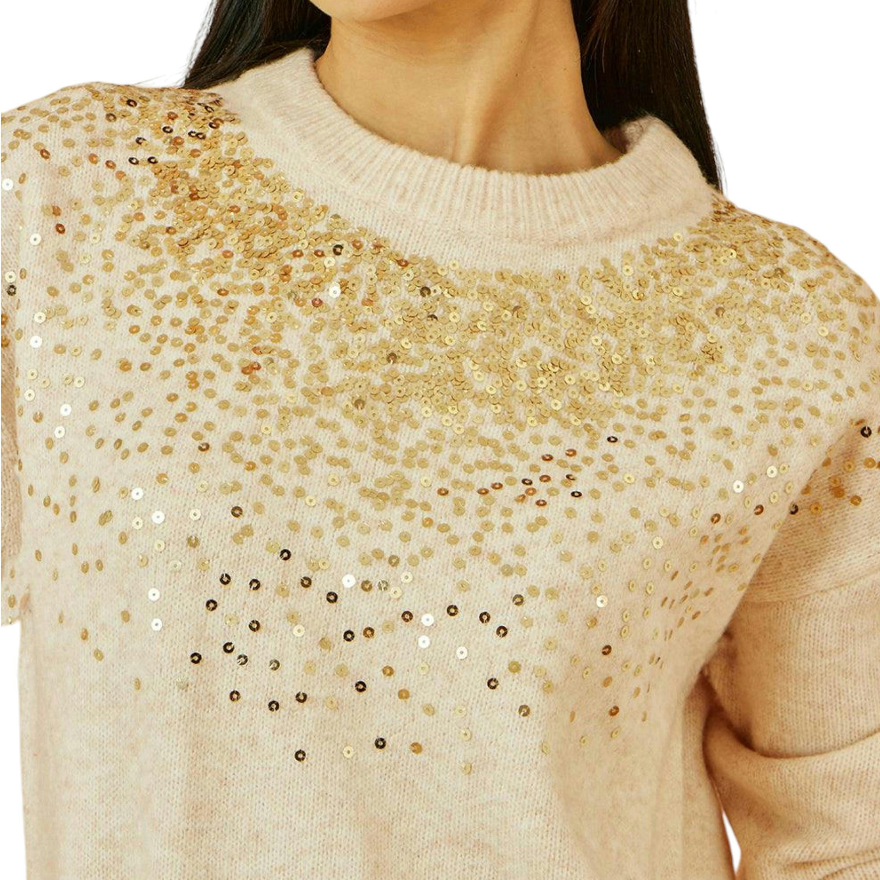 Yumi Oatmeal Relaxed Knitted Jumper With Scattered Sequin Neckline , view 3 of 5