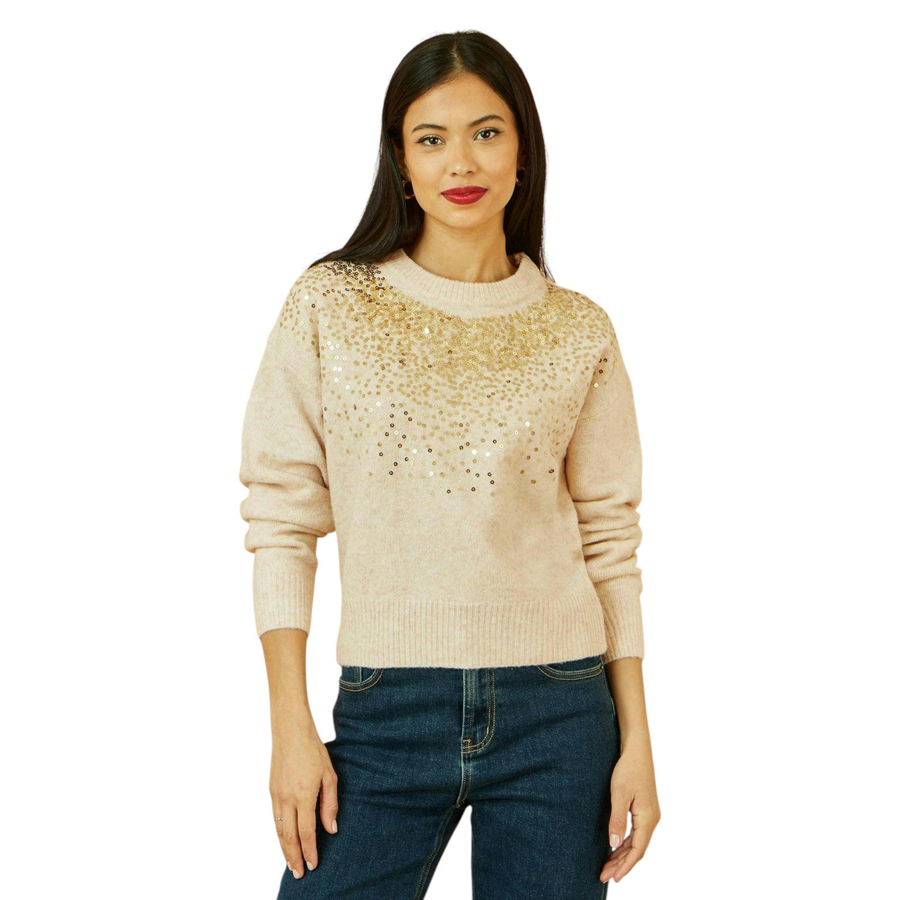Yumi Oatmeal Relaxed Knitted Jumper With Scattered Sequin Neckline , view 4 of 5