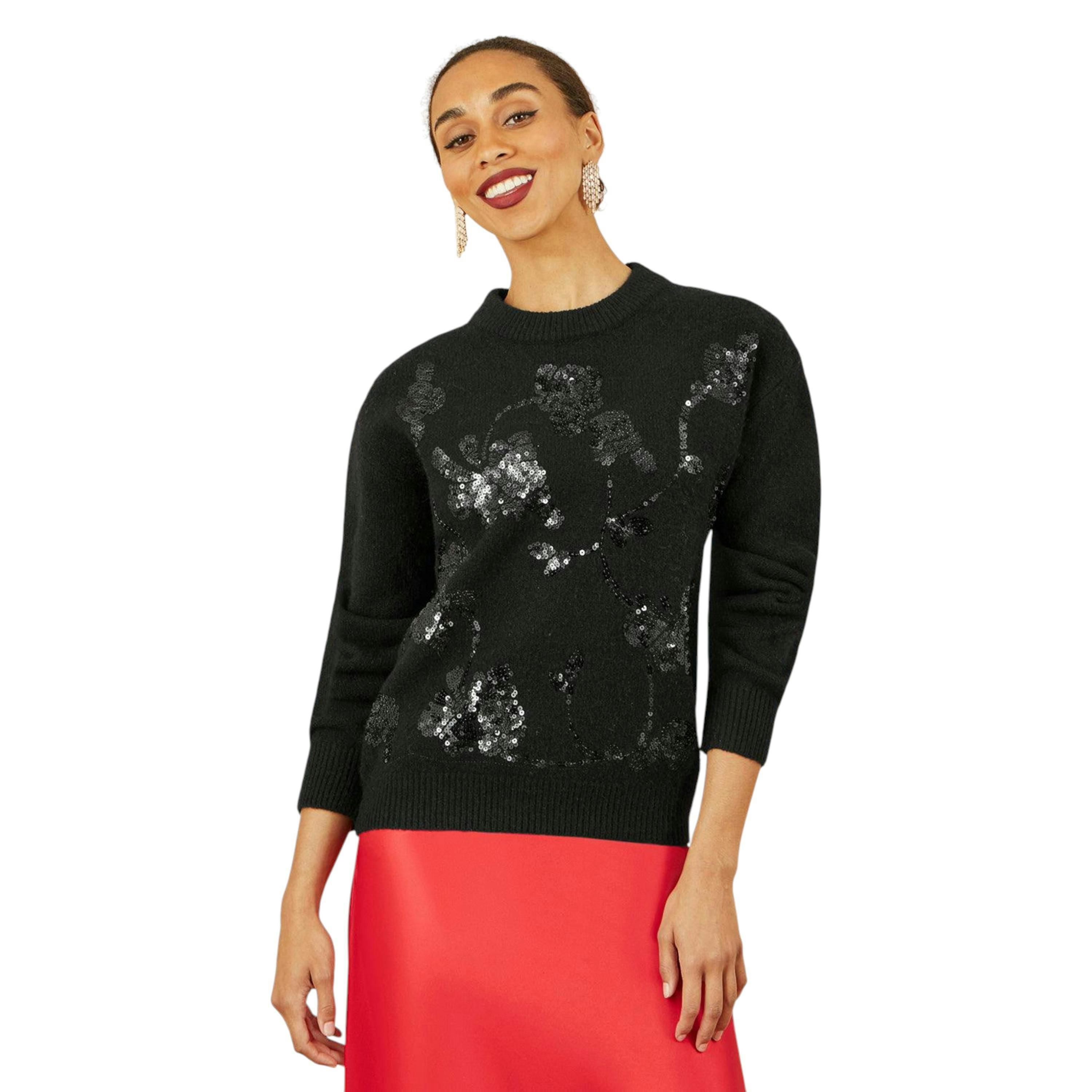 Yumi Black Relaxed Knitted Jumper With Sequin Detail , view 1 of 5