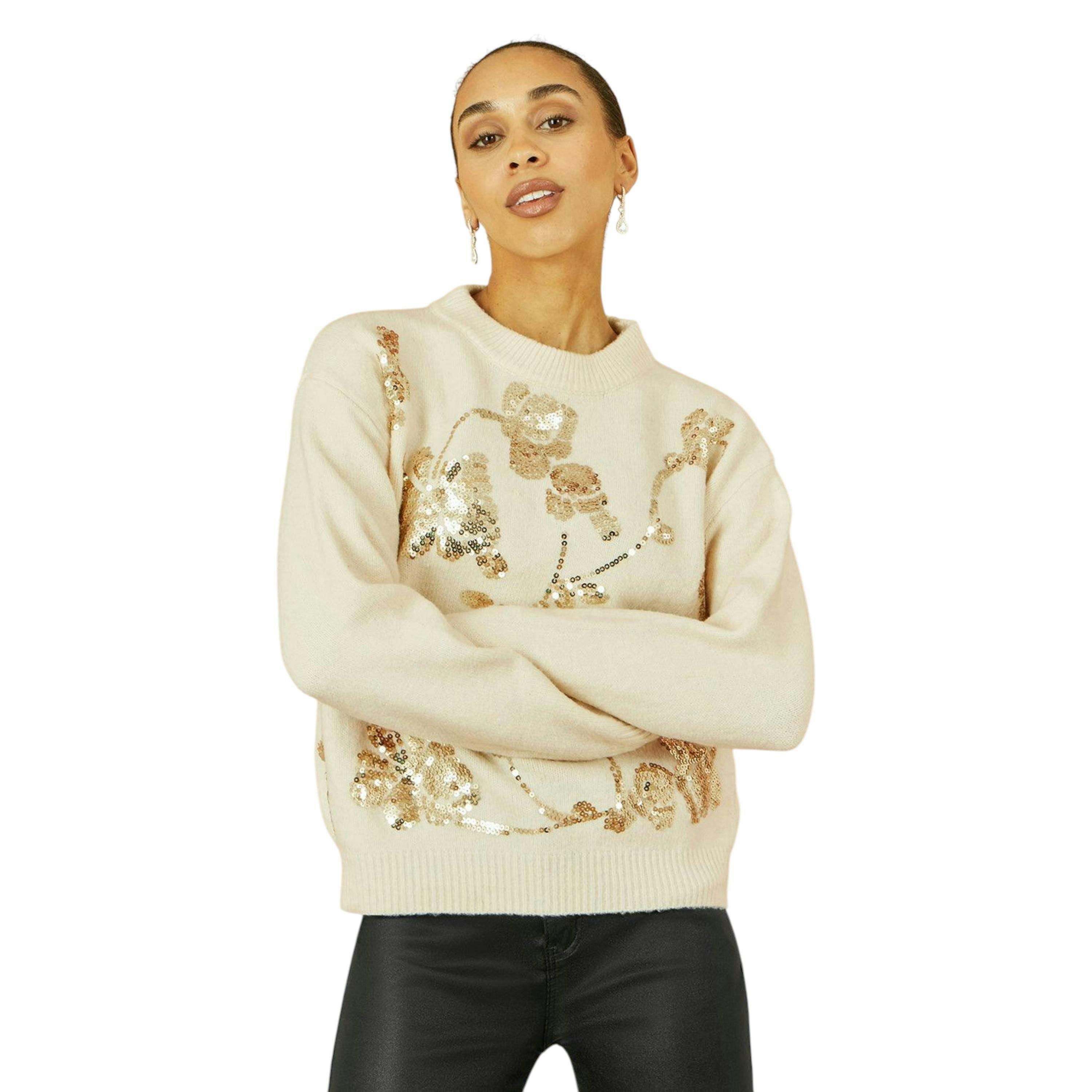 Yumi Cream Relaxed Knitted Jumper With Sequin Detail , view 1 of 5
