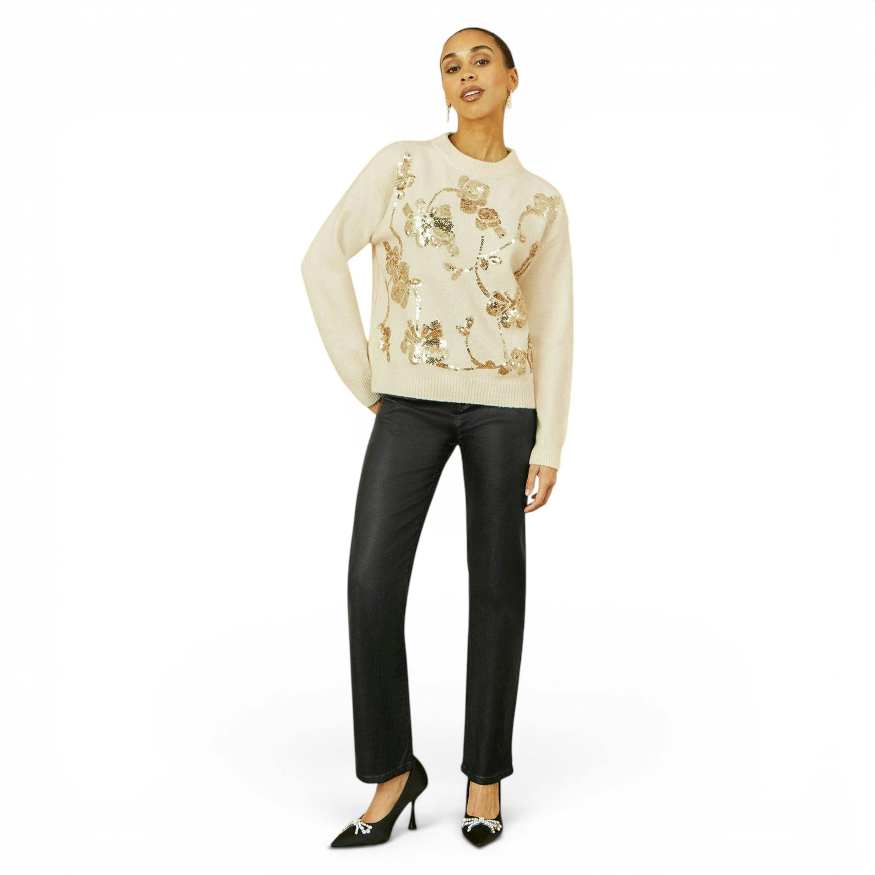 Yumi Cream Relaxed Knitted Jumper With Sequin Detail , view 2 of 5