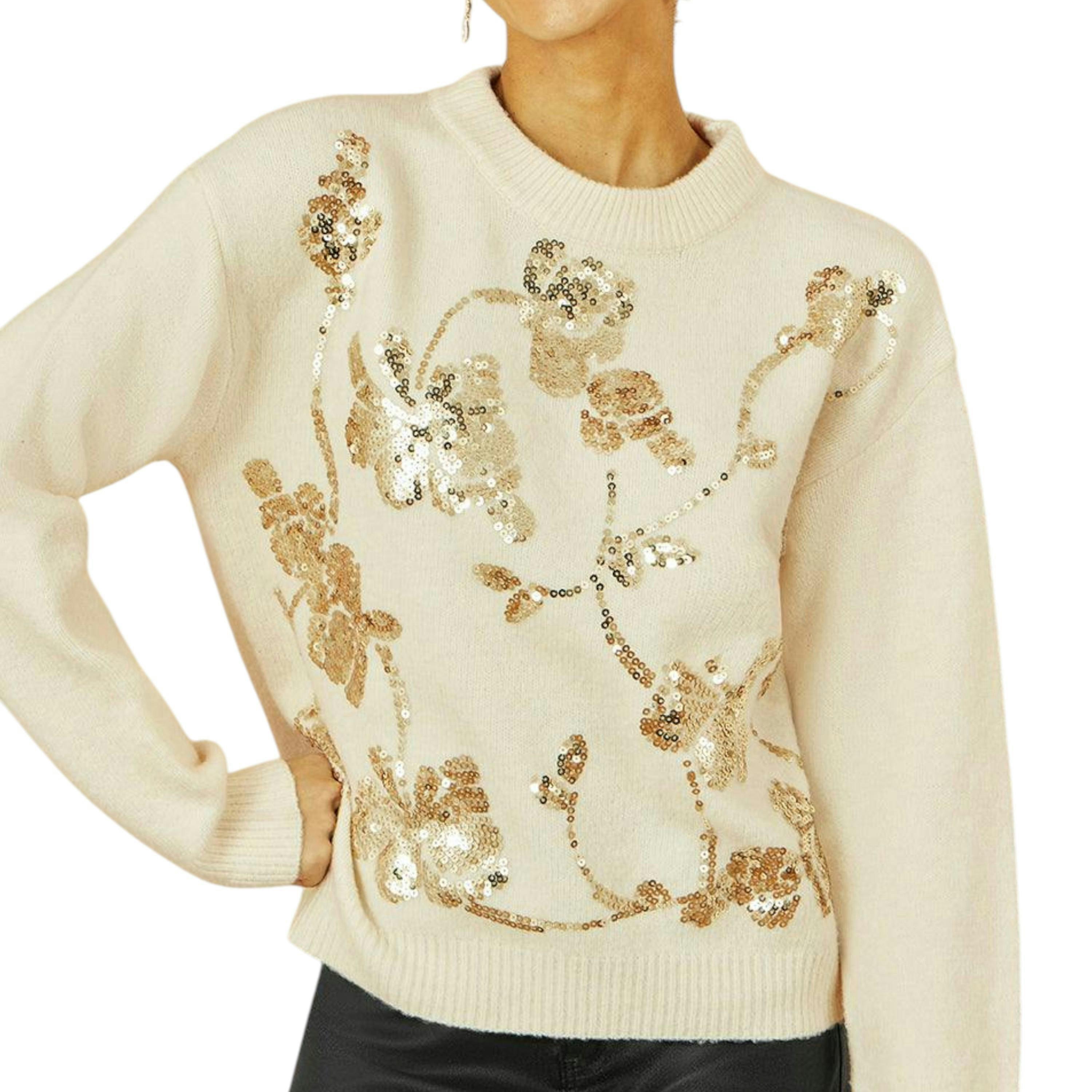 Yumi Cream Relaxed Knitted Jumper With Sequin Detail , view 3 of 5