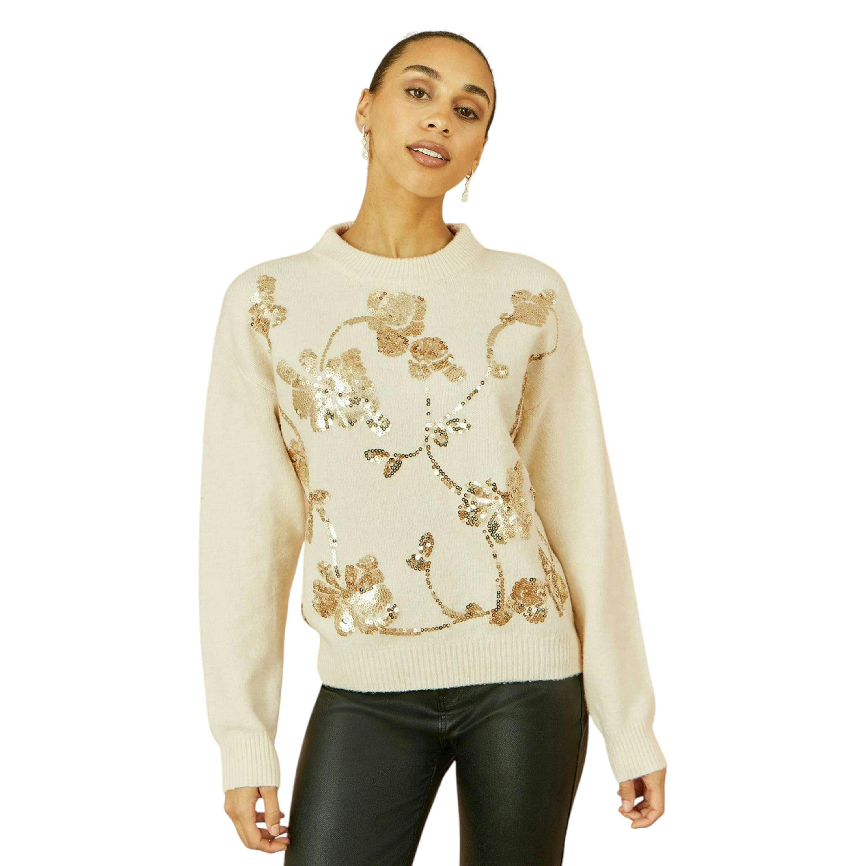 Yumi Cream Relaxed Knitted Jumper With Sequin Detail , view 5 of 5