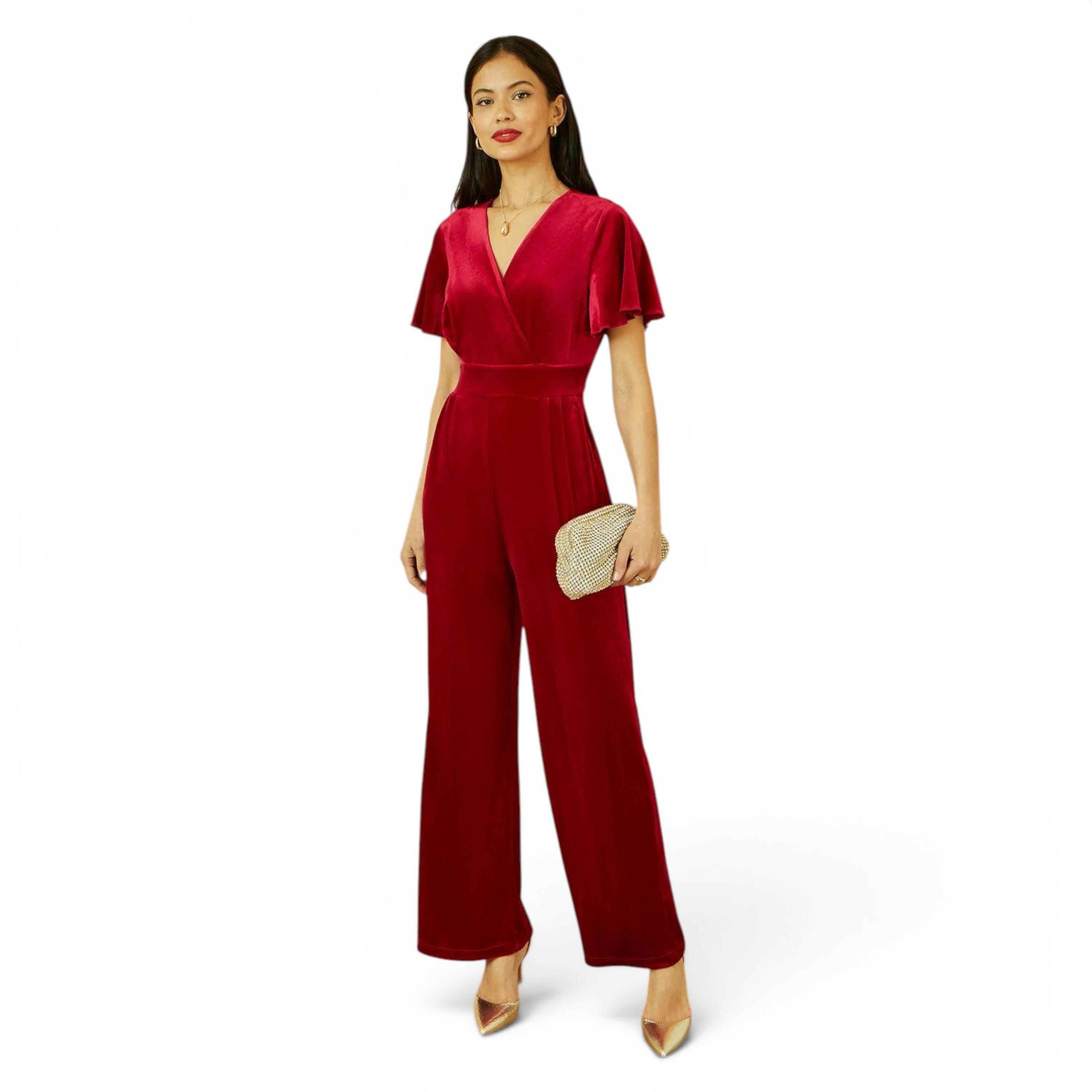 Yumi Red Jumpsuit With Angel Sleeves , view 1 of 5